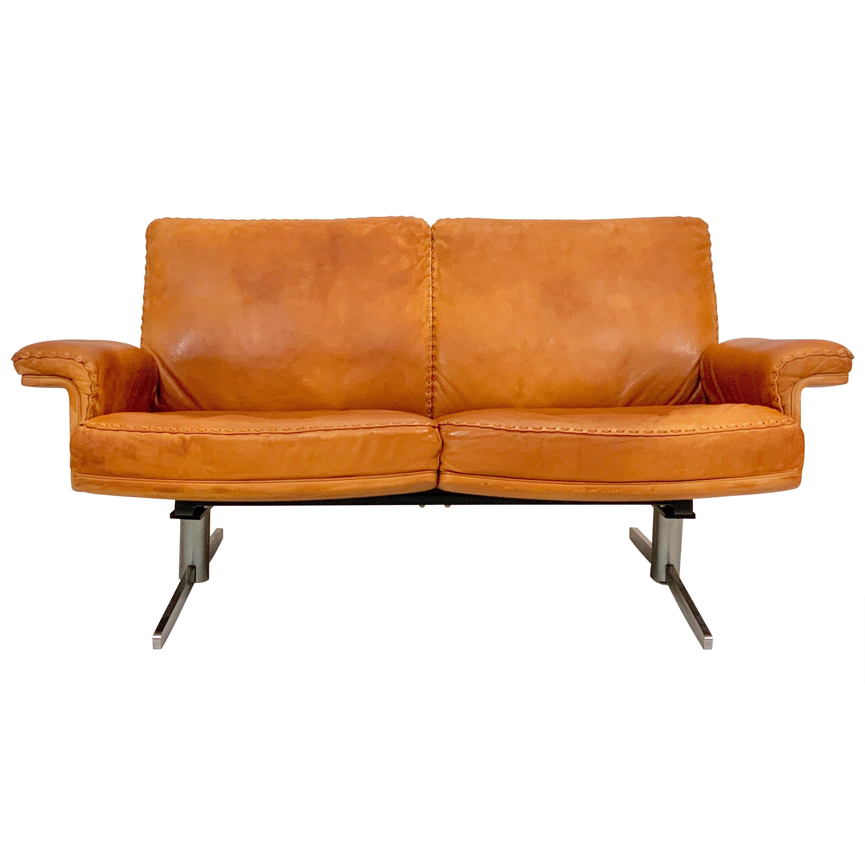 De Sede DS-35 Two-Seat Sofa Loveseat in Cognac Brown Leather, Switzerland, 1960s