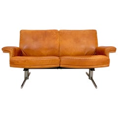 Vintage De Sede DS-35 Two-Seat Sofa Loveseat in Cognac Brown Leather, Switzerland, 1960s