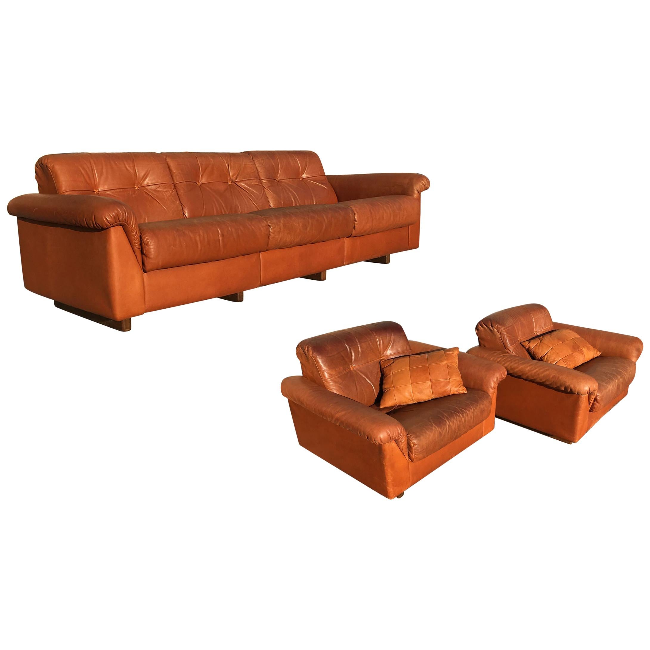 De Sede DS-45 Patchwork Patinated Cognac Leather Living Room Set, Swiss, 1970s