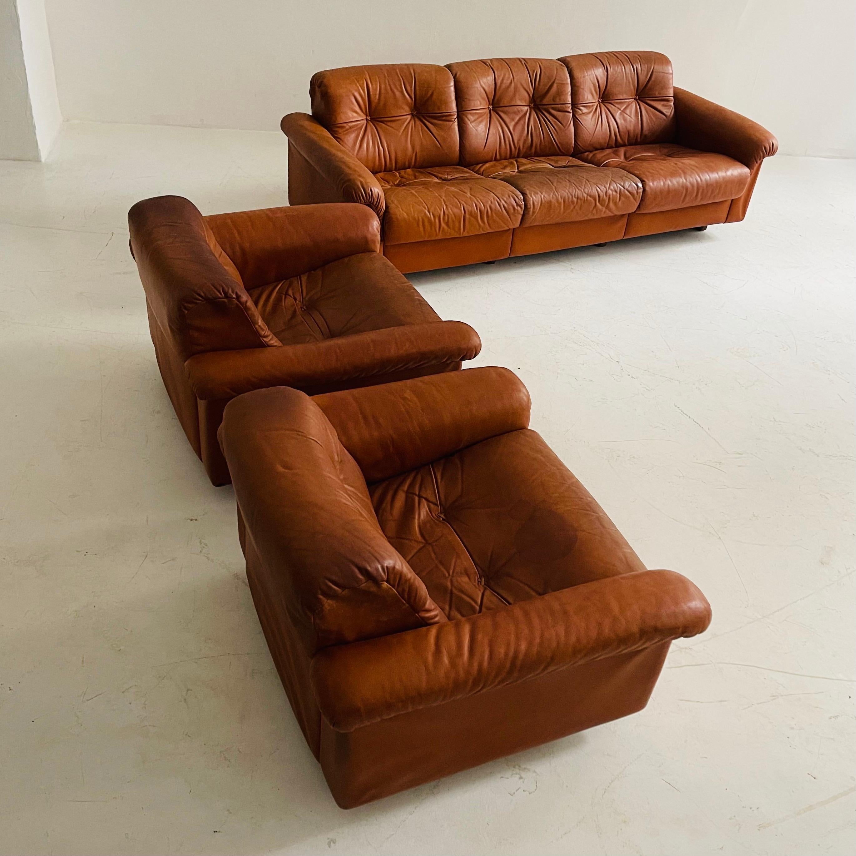 De Sede DS-45 Patinated Cognac Leather Living Room Suite Sofa, Swiss, 1970s For Sale 5