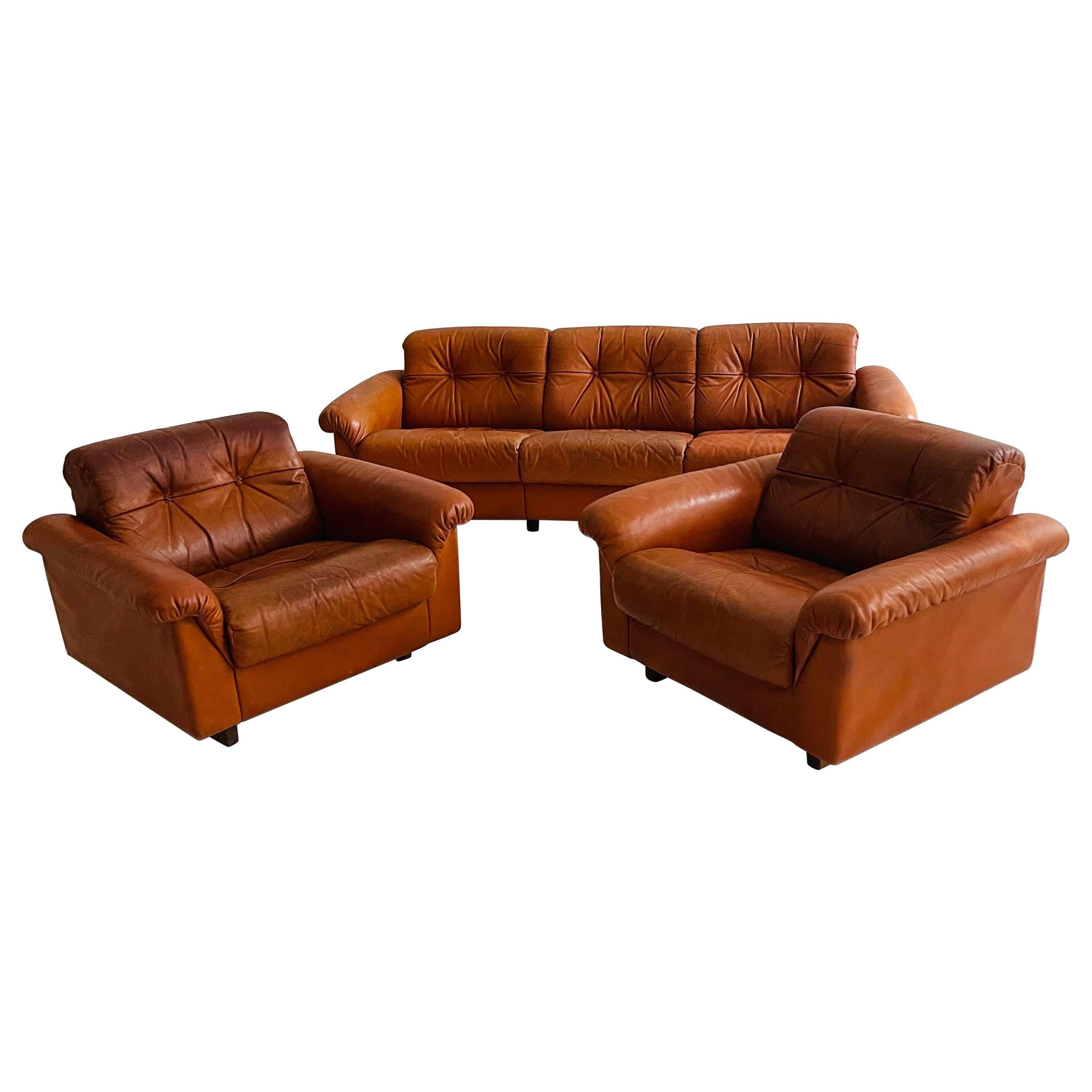 De Sede DS-45 Patinated Cognac Leather Living Room Suite Sofa, Swiss, 1970s