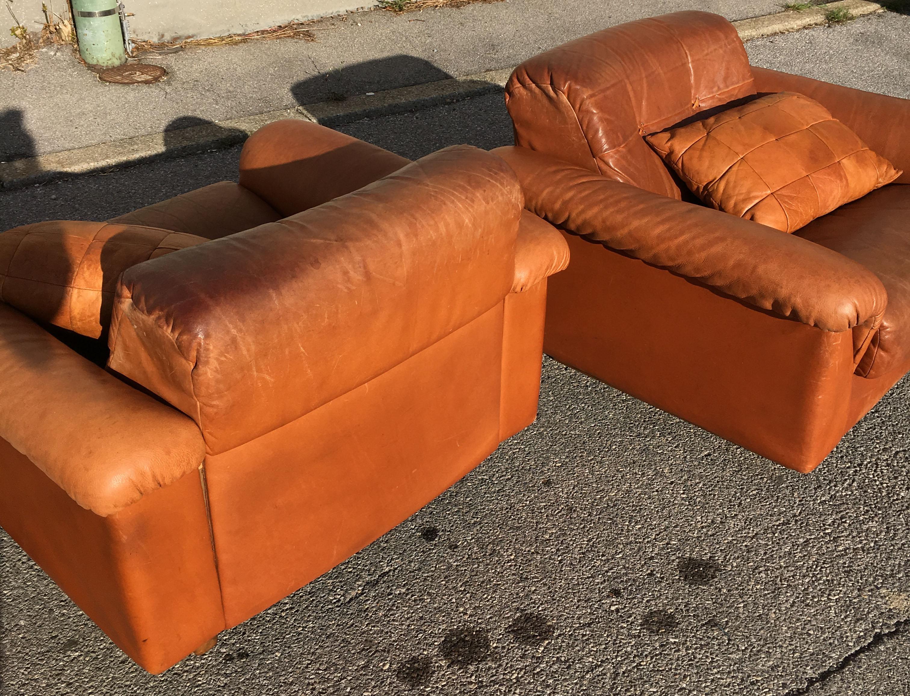 Mid-Century Modern De Sede DS-45 Vintage Patinated Cognac Leather Club Chairs Pair, Swiss, 1970s