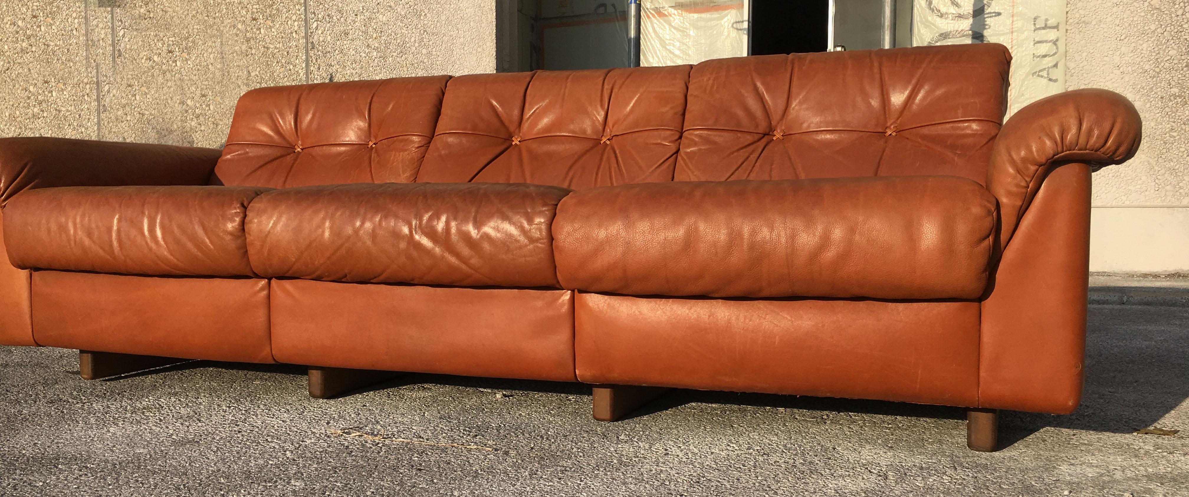 De Sede DS-45 vintage patinated cognac leather three-seat sofa, Switzerland, 1970s.