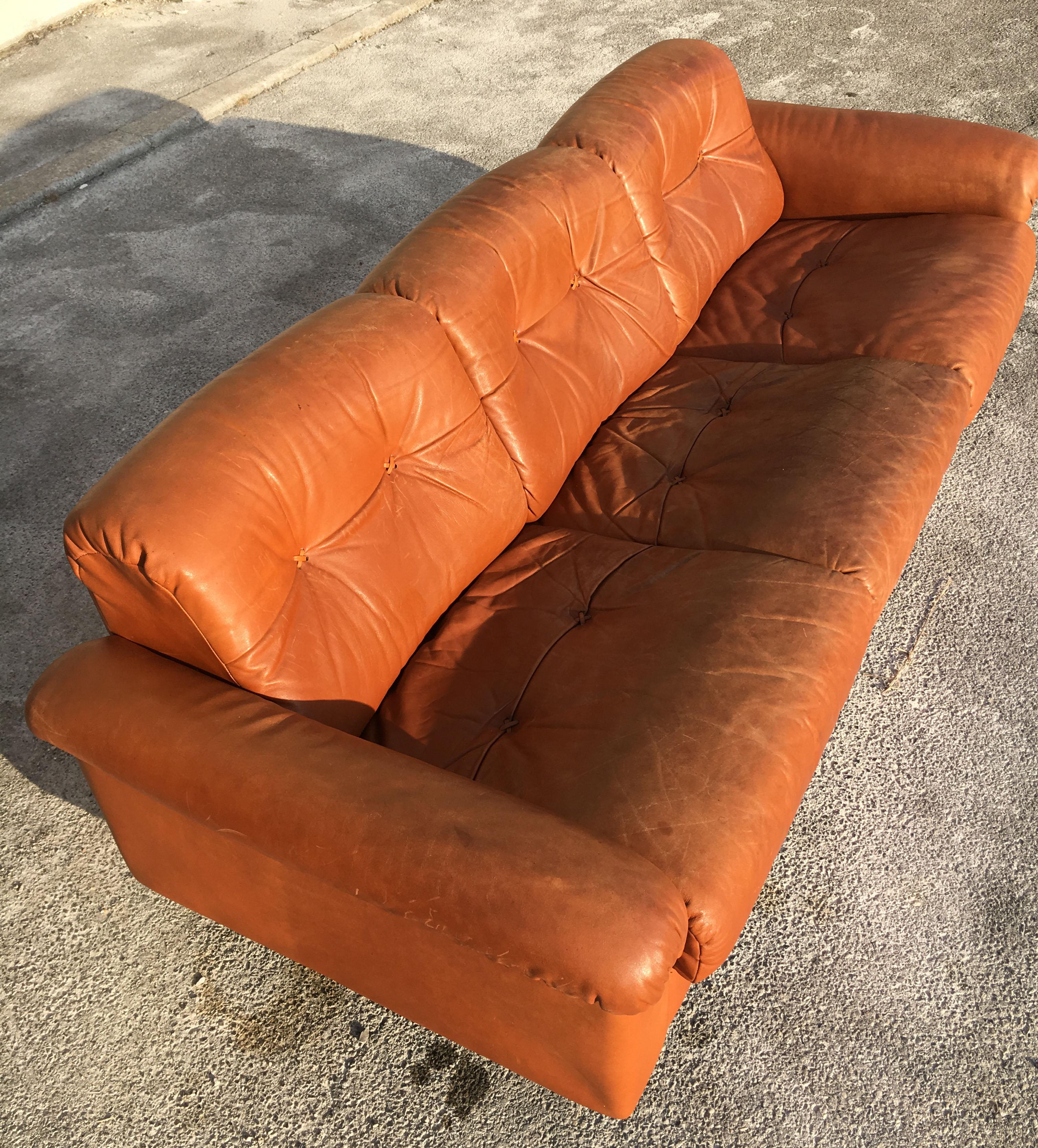 Mid-Century Modern De Sede DS-45 Vintage Patinated Cognac Leather Three-Seat Sofa, Swiss, 1970s