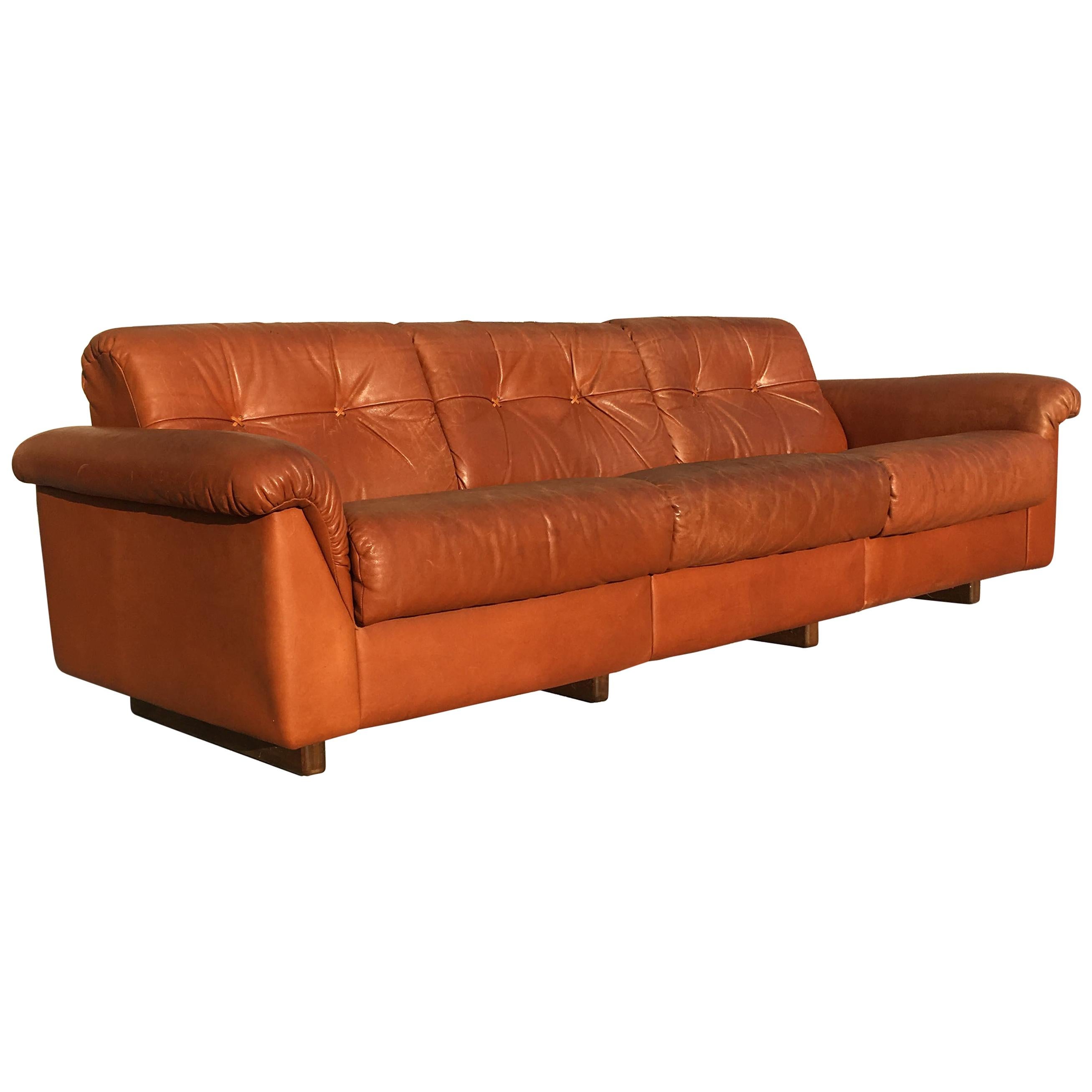 De Sede DS-45 Vintage Patinated Cognac Leather Three-Seat Sofa, Swiss, 1970s