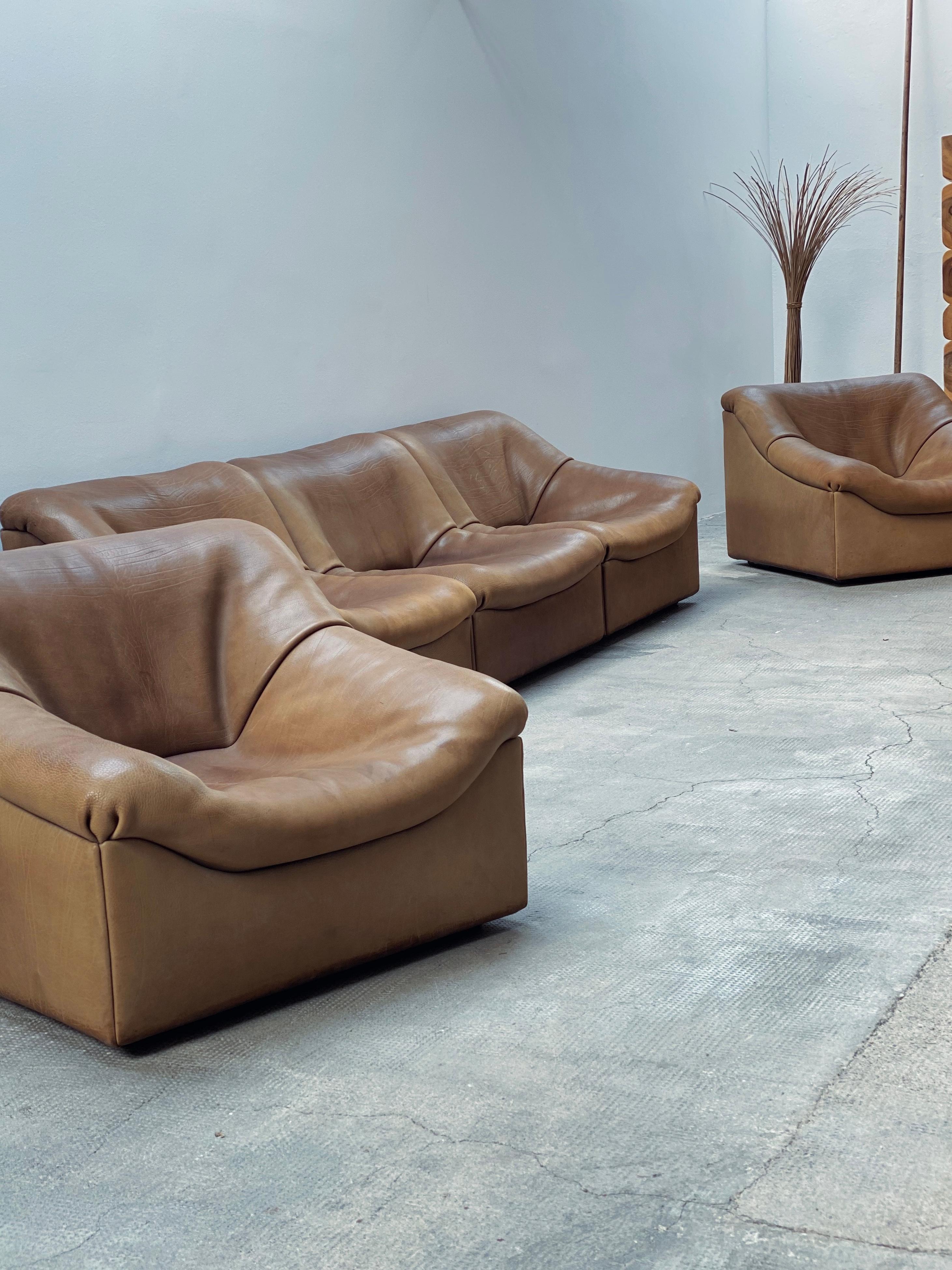 Leather De Sede DS46 Modular Sessel Sofa Set Büffel Leder Sandfarben, Schweiz 1970er