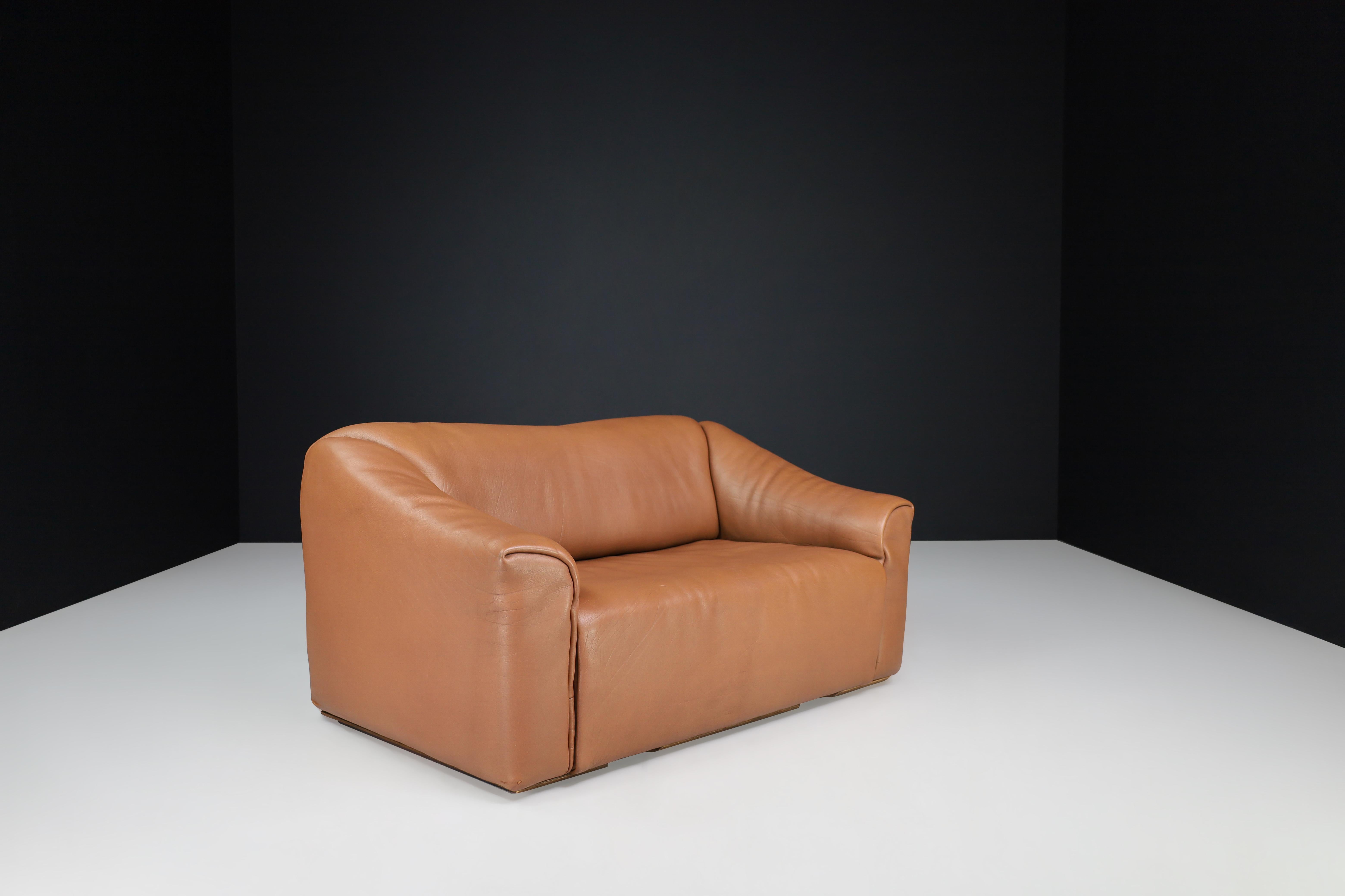 De Sede Ds-47 Zweisitzer-Sofa aus Leder mit braunem Halsausschnitt aus der Schweiz 1970er Jahre (Schweizerisch) im Angebot