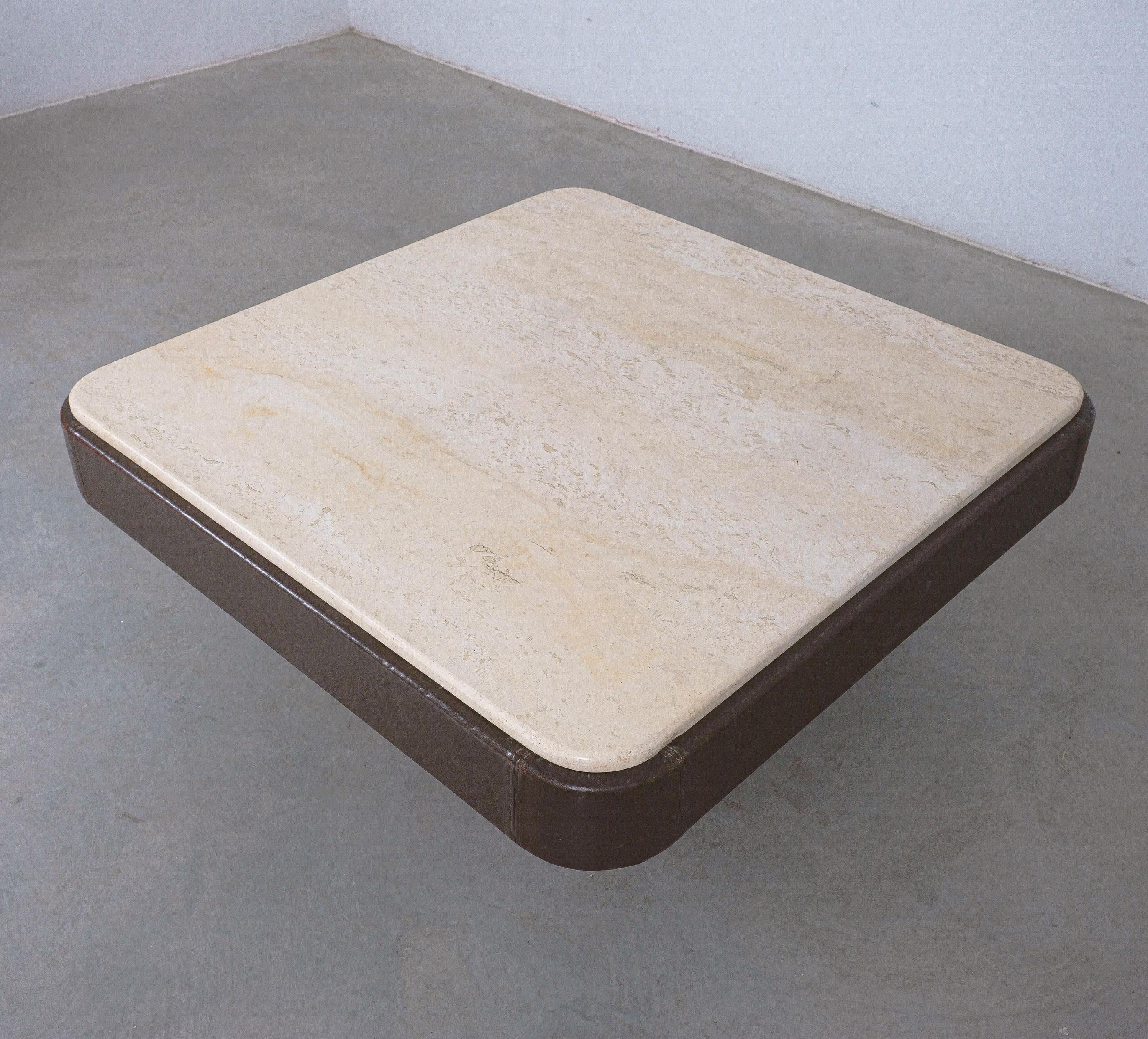 Mid-Century Modern De Sede DS 47 Large Square Table Brown Leather Travertine Stone, Circa 1970