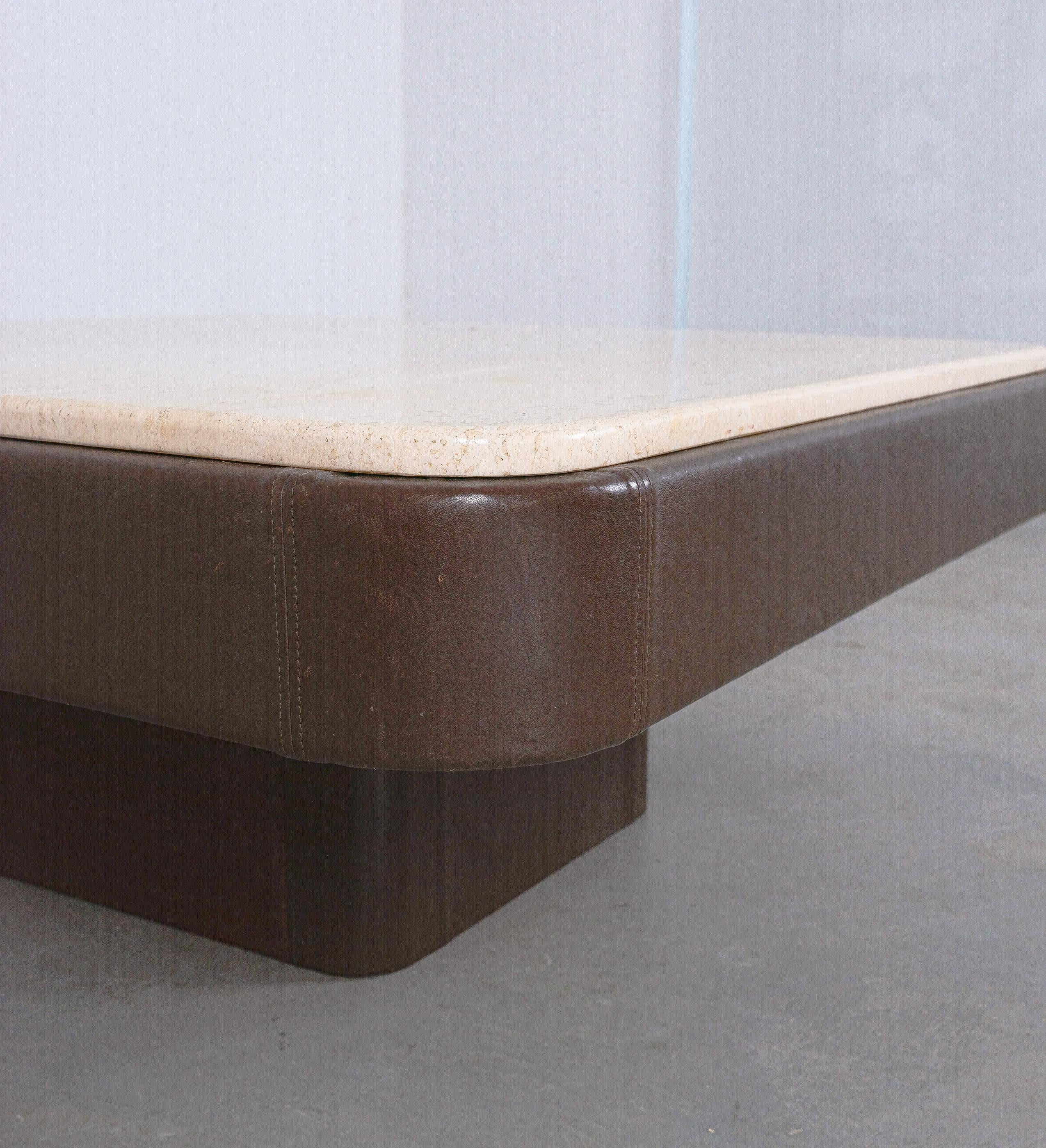 Swiss De Sede DS 47 Large Square Table Brown Leather Travertine Stone, Circa 1970