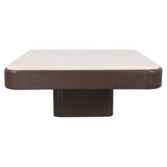 De Sede DS 47 Large Square Table Brown Leather Travertine Stone, Circa 1970