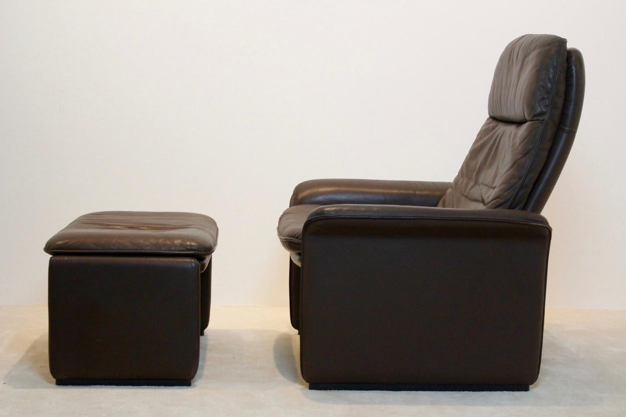 Stainless Steel De Sede DS-50 Adjustable Lounge Chair and Ottoman in Soft Thick Chocolate Brown