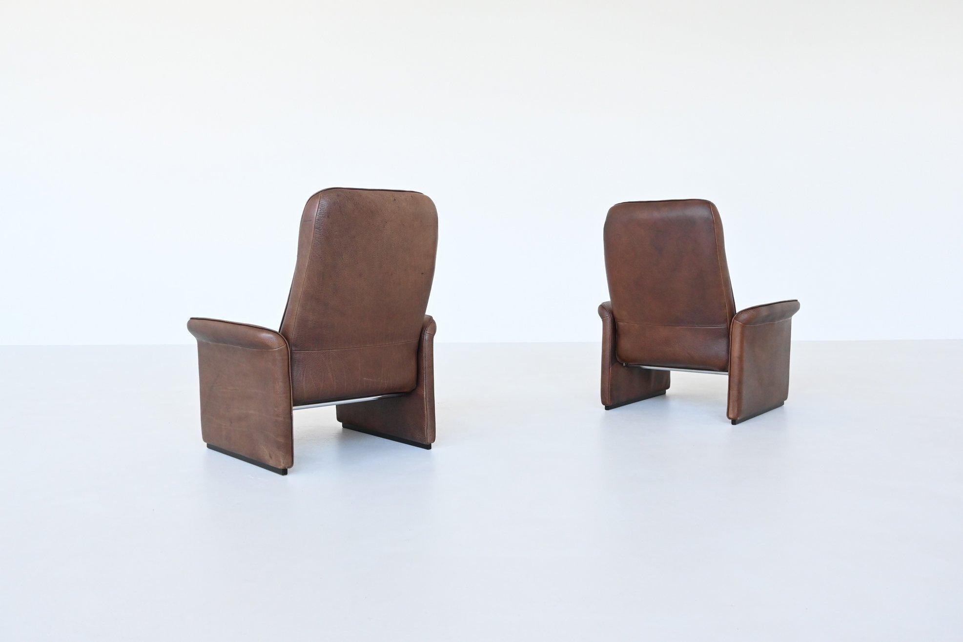Leather De Sede DS 50 lounge chairs brown buffalo leather Switzerland 1970