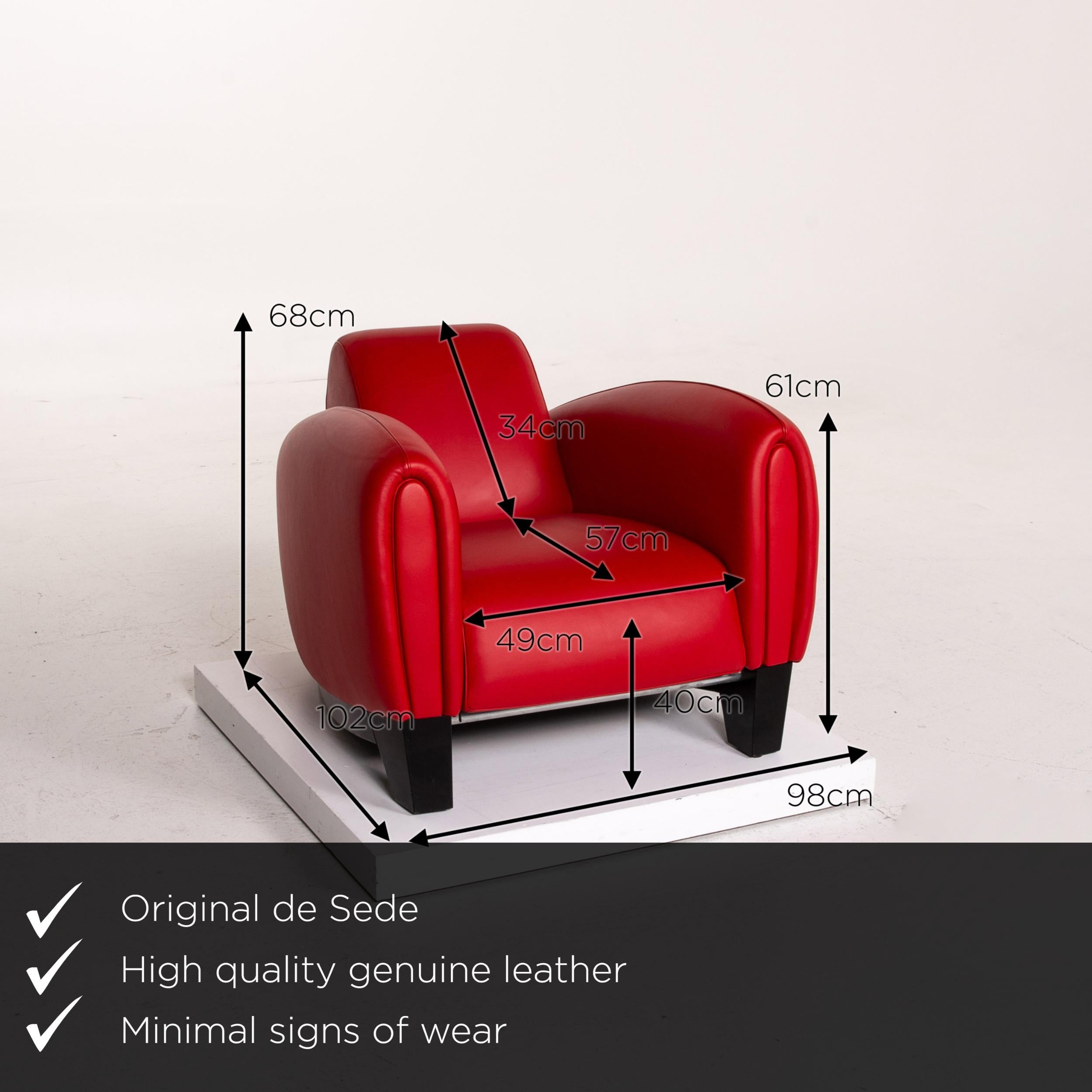 We present to you a De Sede DS 57 leather armchair red.

 

 Product measurements in centimeters:
 

Depth 102
Width 98
Height 68
Seat height 40
Rest height 61
Seat depth 57
Seat width 49
Back height 34.