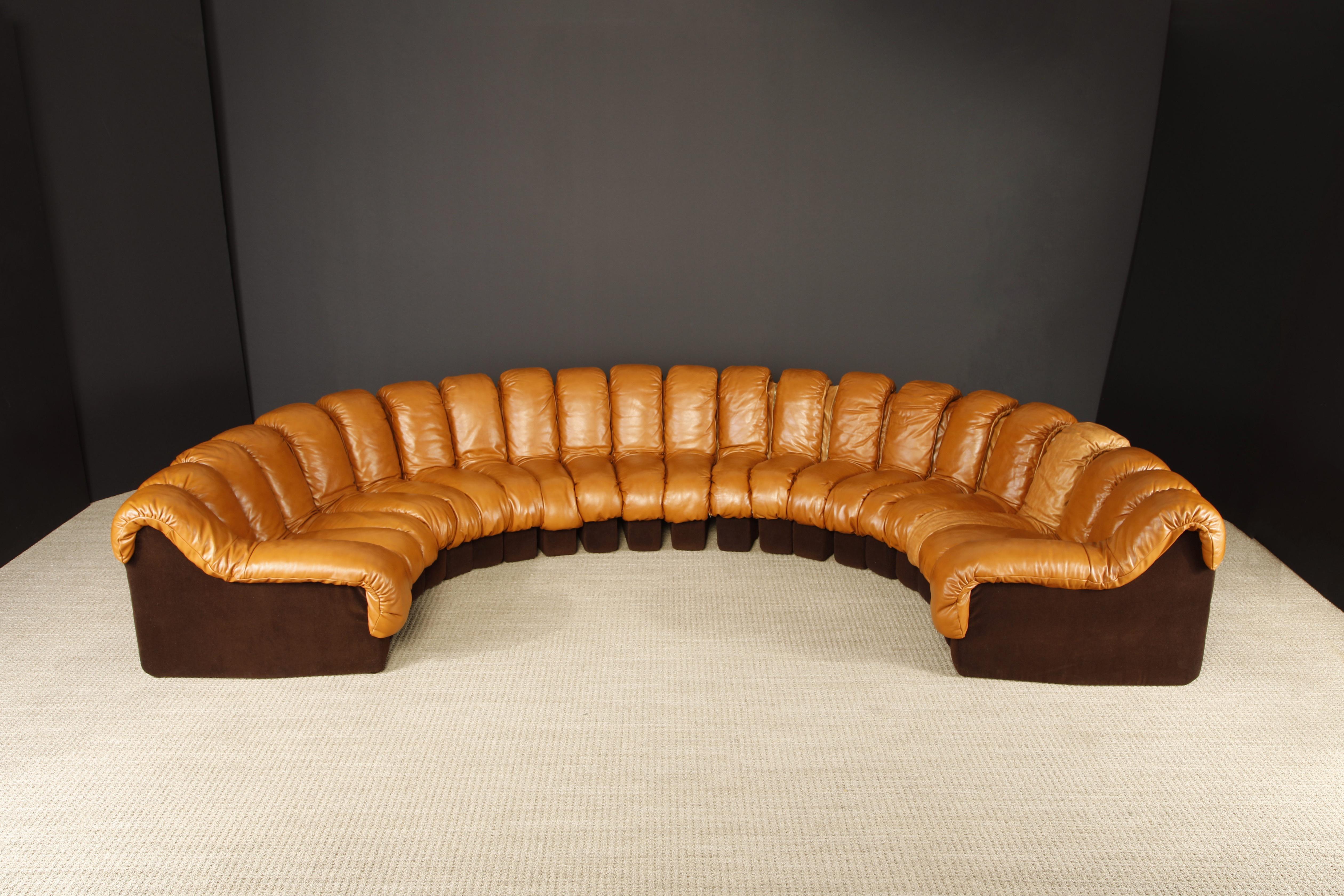 This classic twenty-two (22) element cognac leather DS-600 'Non-Stop Sectional Sofa' by Swiss maker De Sede and distributed by Stendig, also referred to as the 'Snake' sectional sofa was designed by Ueli Berger, Eleanora Peduzzi-Riva, and Hans