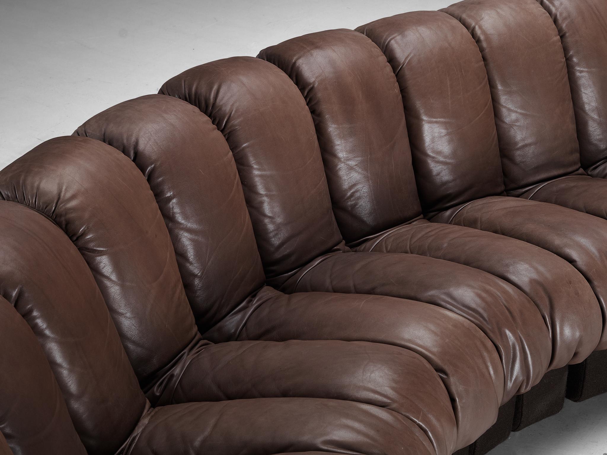 De Sede DS-600 'Snake' Sectional Sofa in Patinated Brown Leather  In Good Condition For Sale In Waalwijk, NL