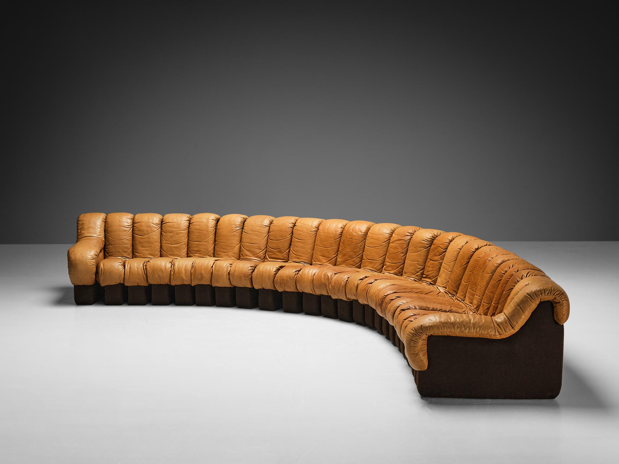 Mid-Century Modern De Sede DS-600 'Snake' Sectional Sofa in Patinated Cognac Brown Leather 