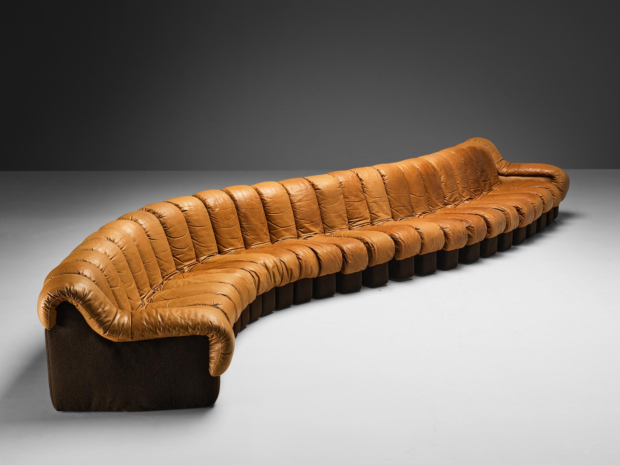 Late 20th Century De Sede DS-600 'Snake' Sectional Sofa in Patinated Cognac Brown Leather 