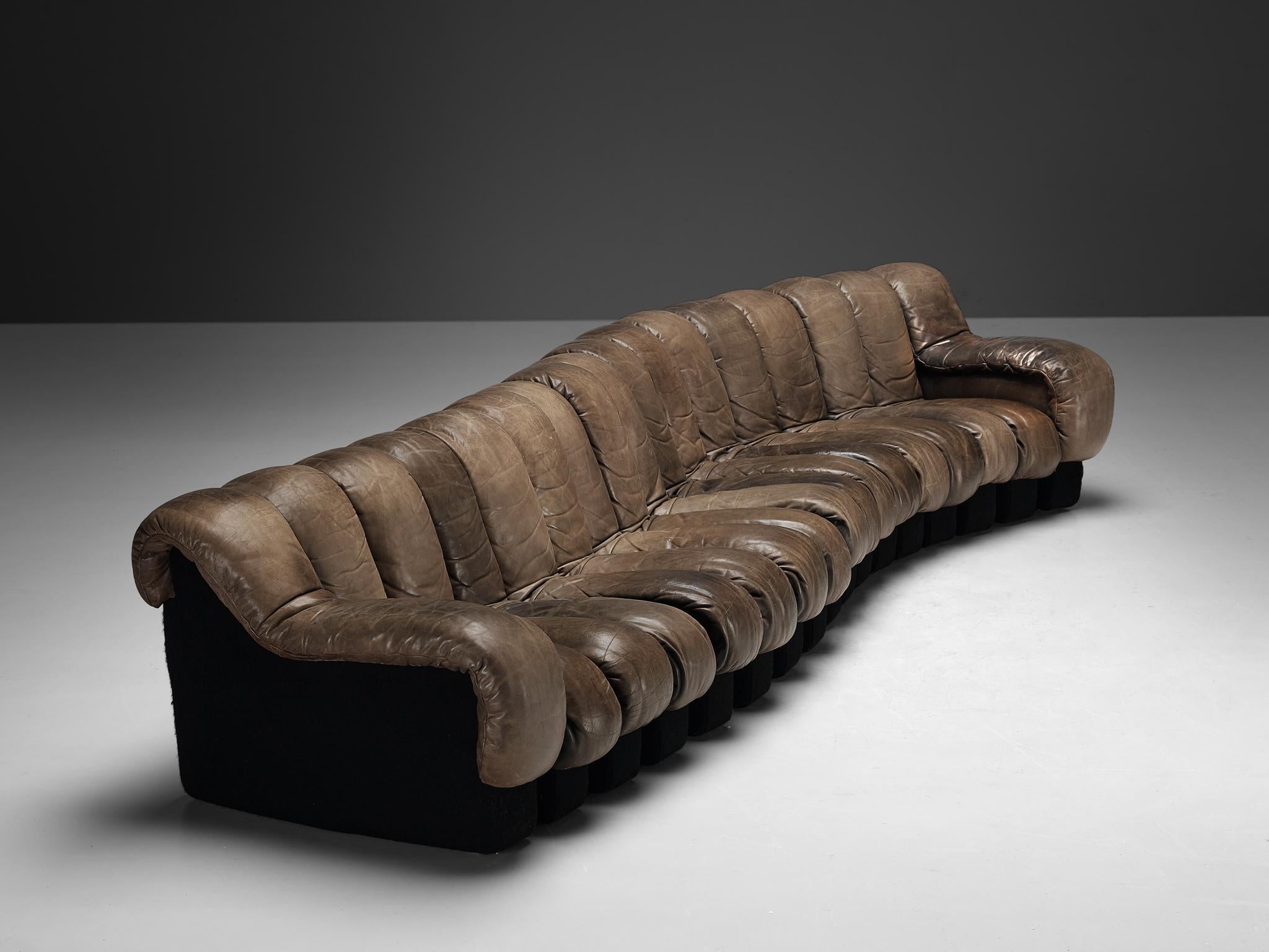 Mid-Century Modern De Sede DS-600 'Snake' Sectional Sofa in Patinated Dark Brown Leather