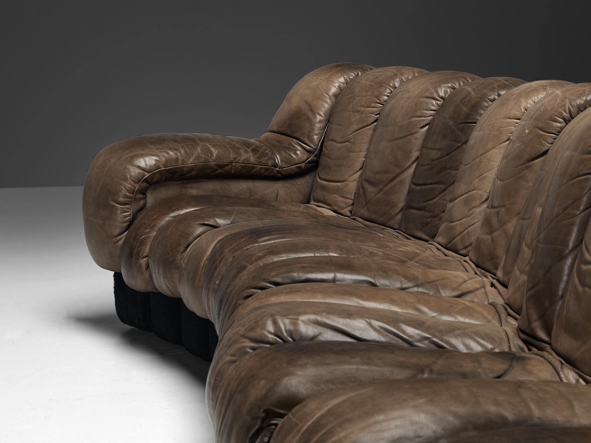 Swiss De Sede DS-600 'Snake' Sectional Sofa in Patinated Dark Brown Leather