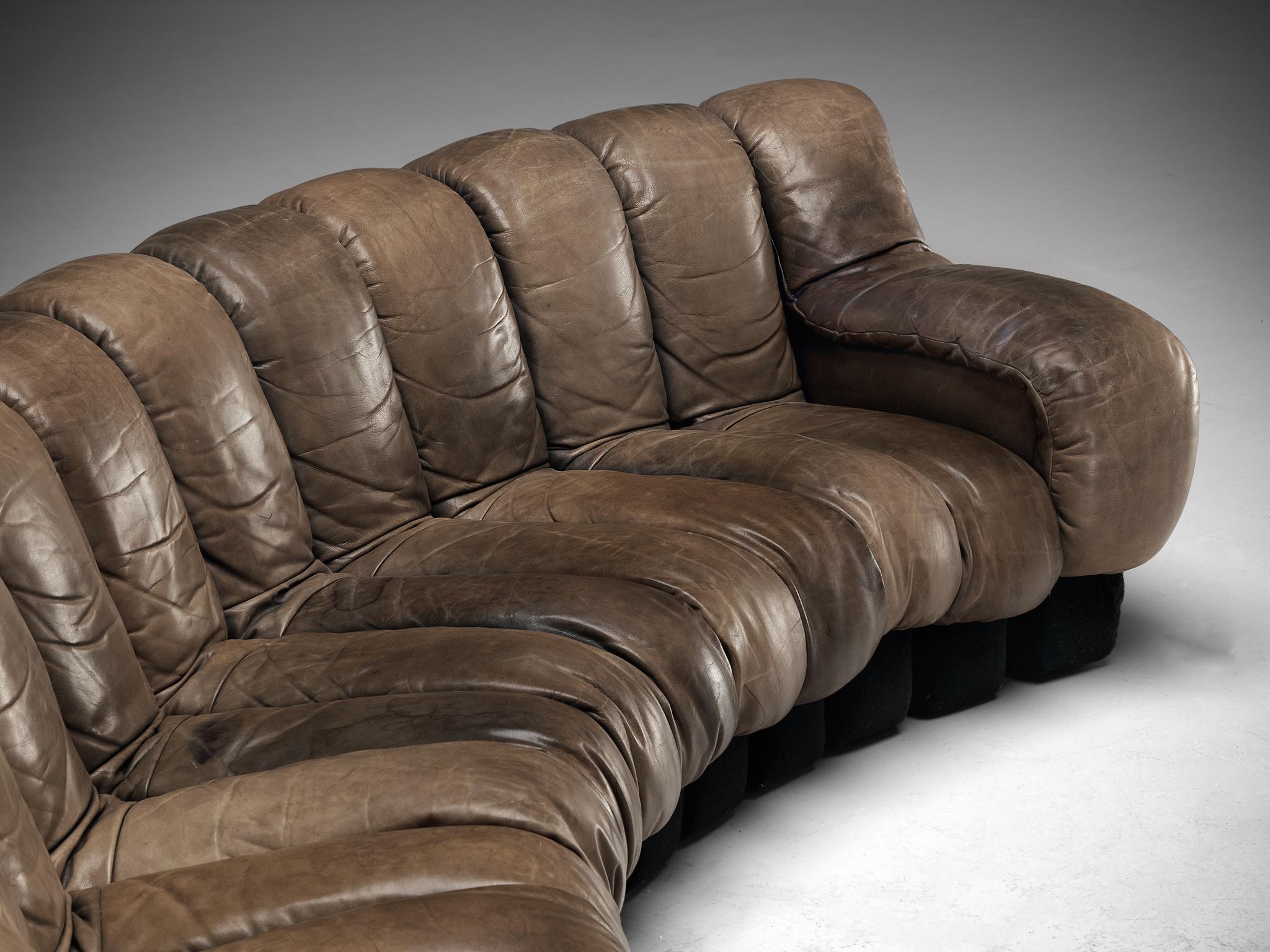 Late 20th Century De Sede DS-600 'Snake' Sectional Sofa in Patinated Dark Brown Leather