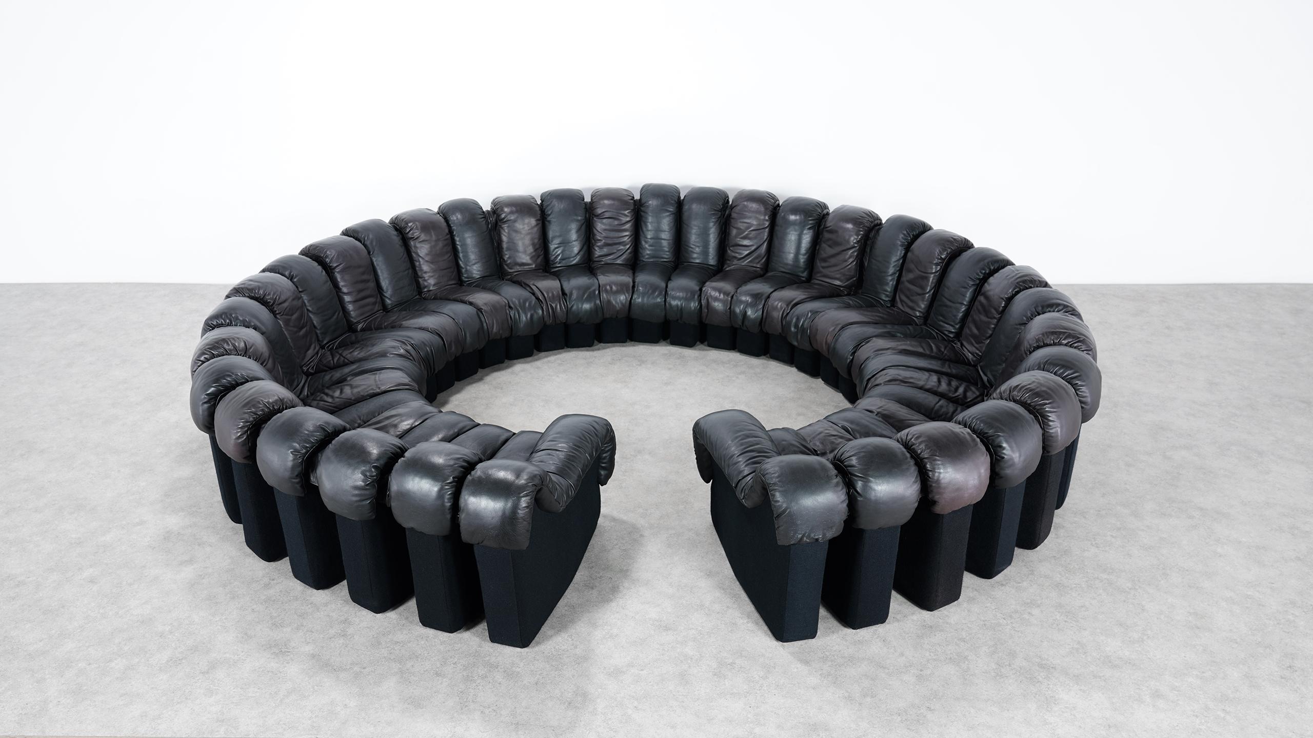 Swiss De Sede DS 600 Snake Sofa by Ueli Berger, 1972 Black & Brown Leather 36 Elemens