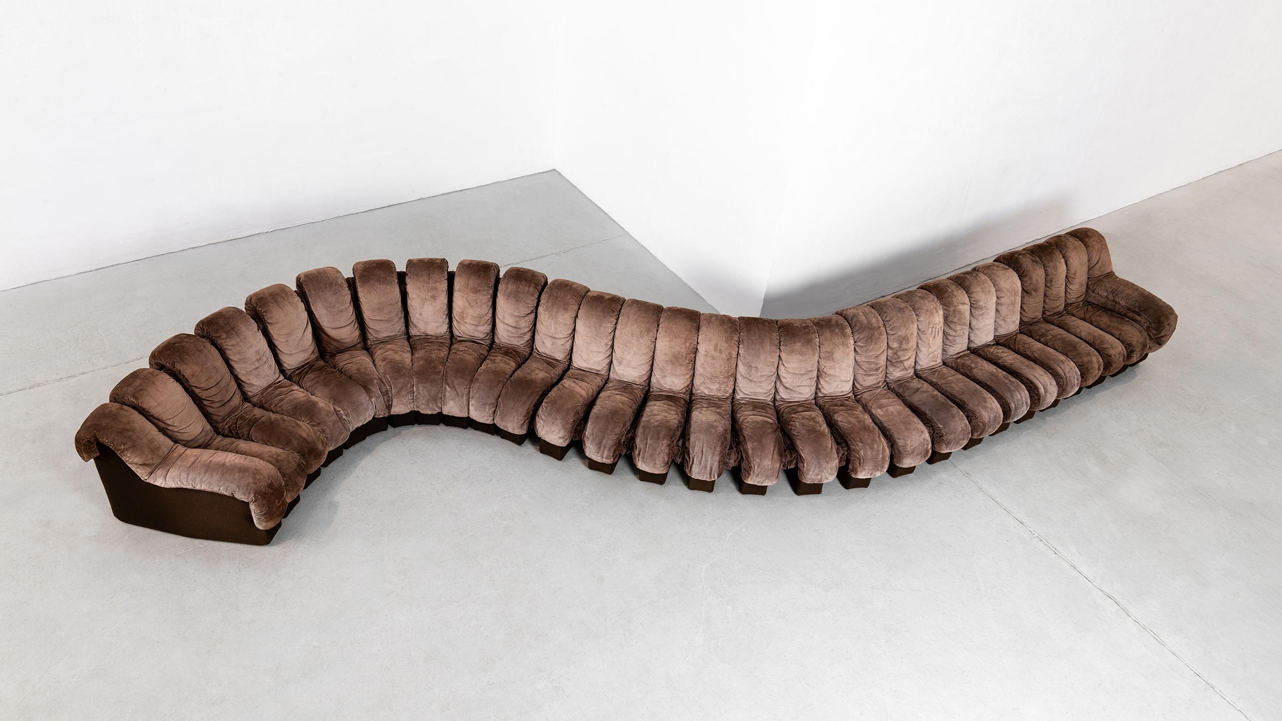 Swiss De Sede DS 600 Snake Sofa by Ueli Berger, 1972 brown Suede Leather 30 Elements
