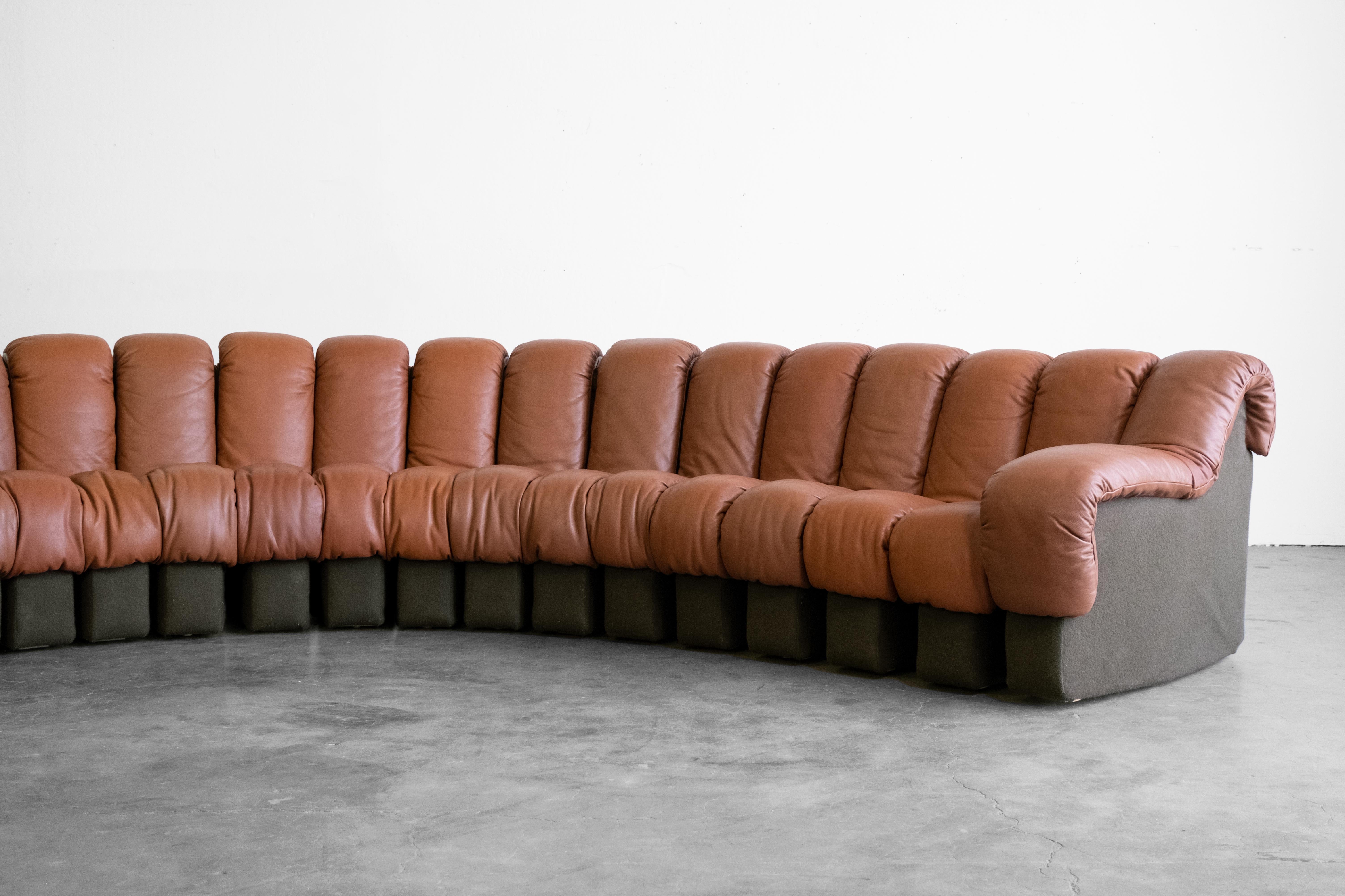 Swiss De Sede Ds-600 'Snake' Sofa in Cognac Leather and Dark Olive Green Felt
