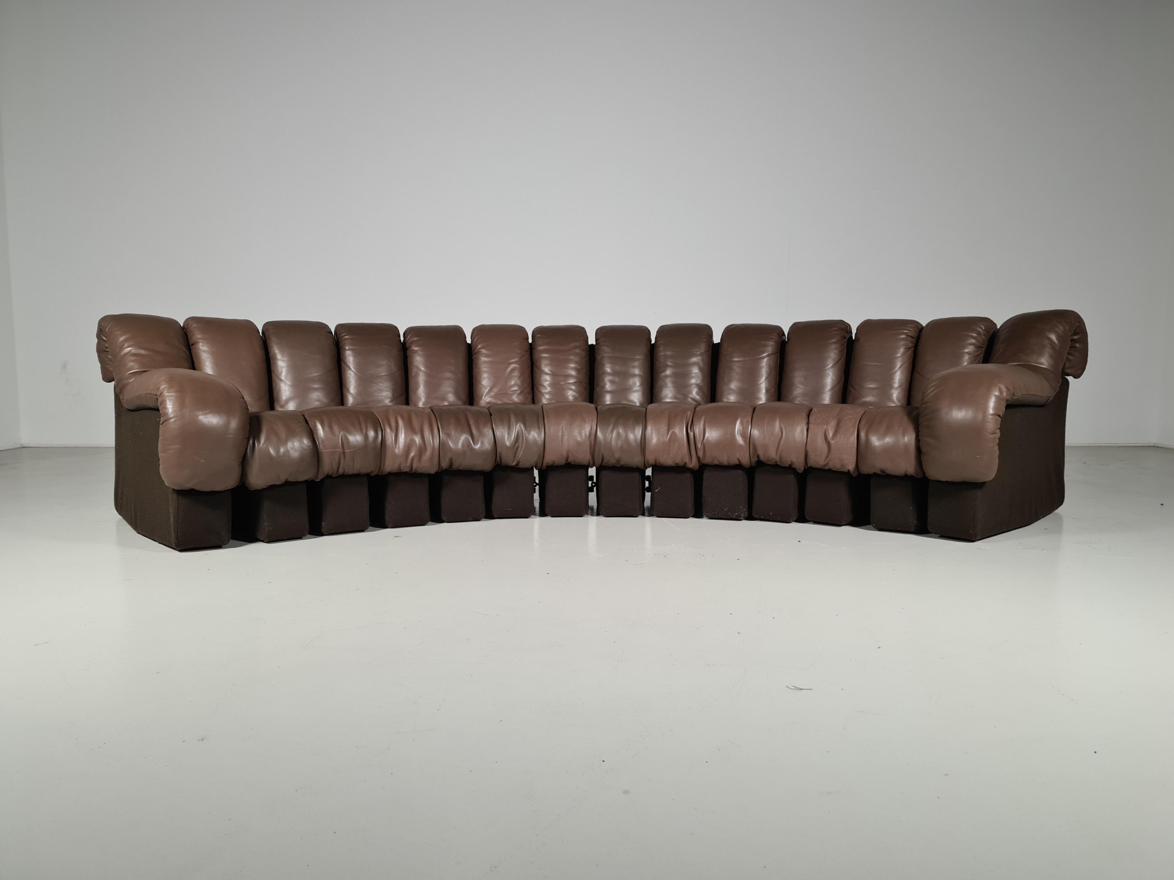 European De Sede DS-600 Snake Sofa in Dark Brown Leather, 1970s