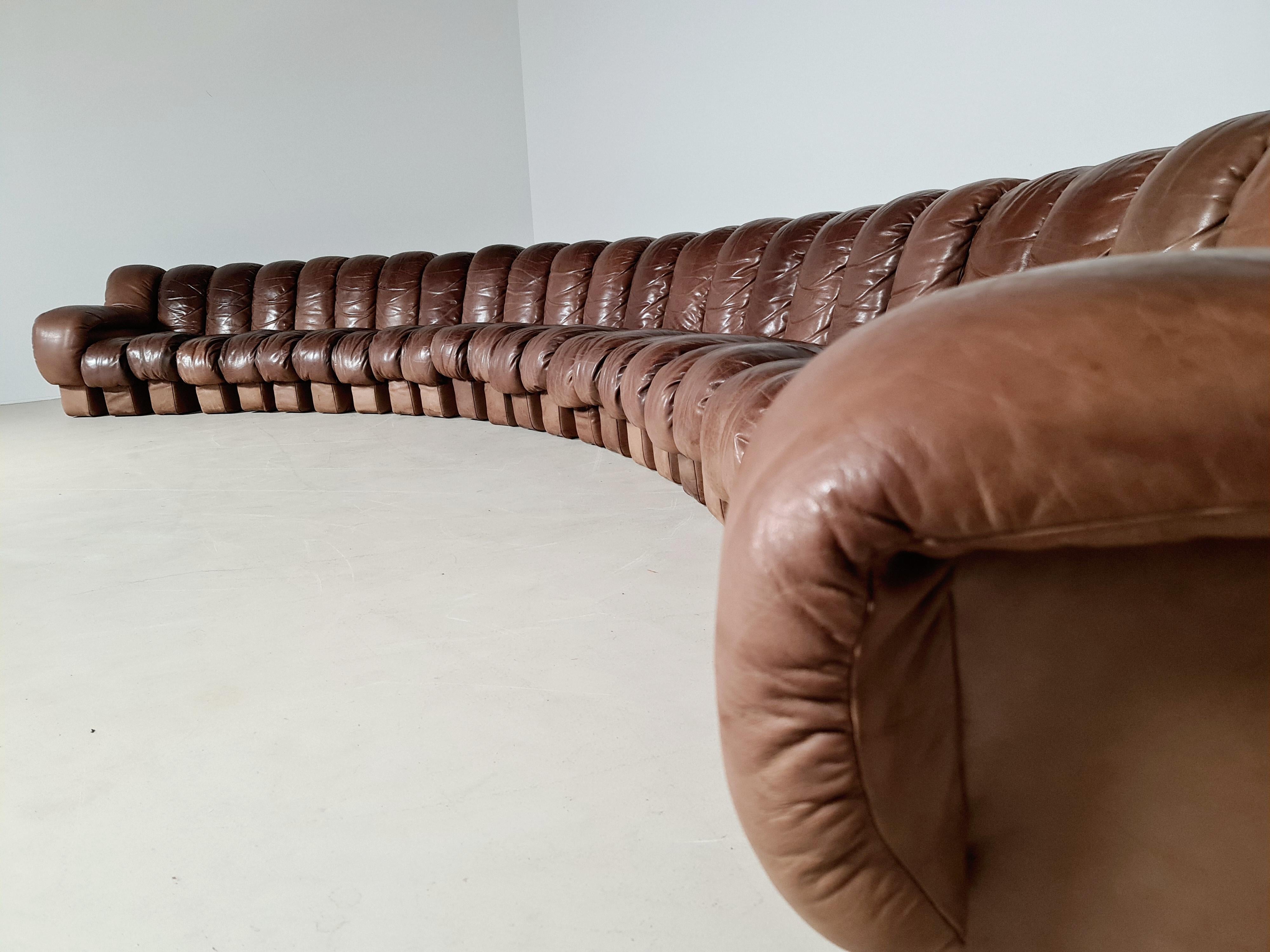 This huge De Sede sofa in full brown leather is designed by Ueli Bergere, Elenora Peduzzi-Riva, Heinz Ulrich and Klaus Vogt. This sectional sofa contains 26 seating pieces with two armrests. The pieces can be zipped together ensuring an endless