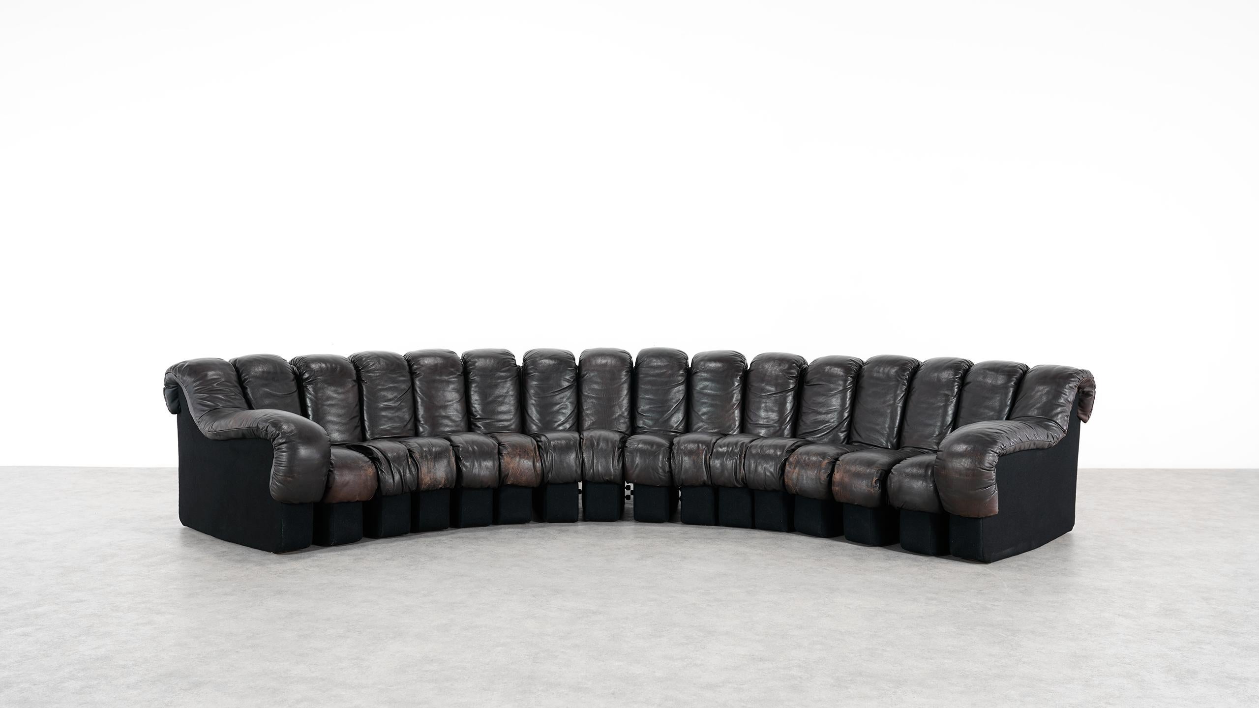 Mid-Century Modern De Sede -DS 600 Sofa by Ueli Berger Riva 1972, Black Brown Leather 16 Elements