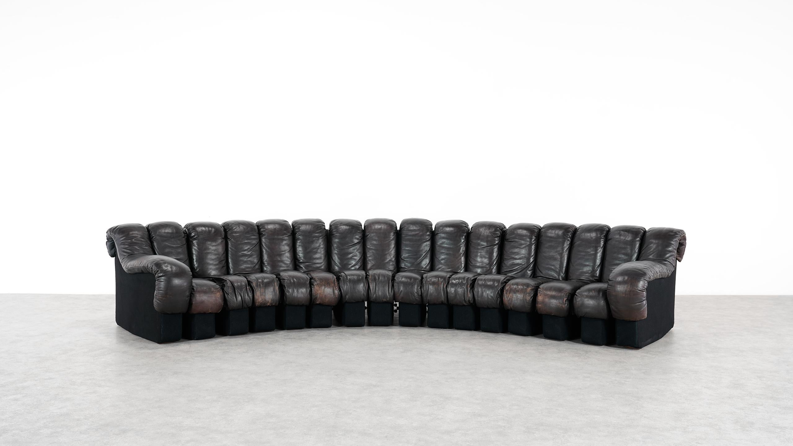 Swiss De Sede -DS 600 Sofa by Ueli Berger Riva 1972, Black Brown Leather 16 Elements