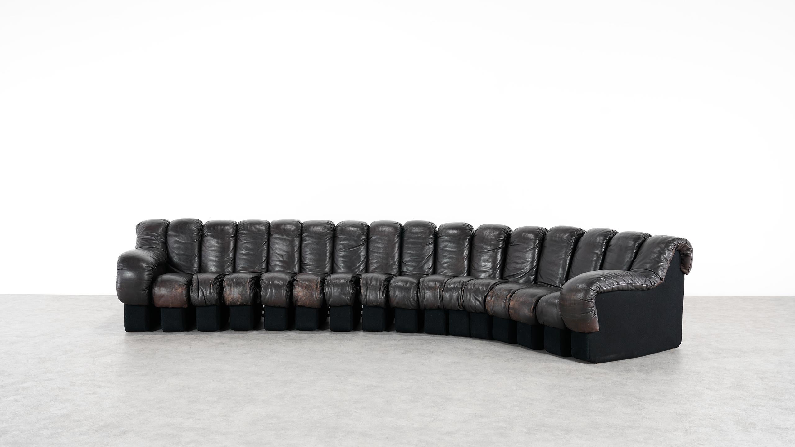 De Sede -DS 600 Sofa by Ueli Berger Riva 1972, Black Brown Leather 16 Elements In Good Condition In Munster, NRW