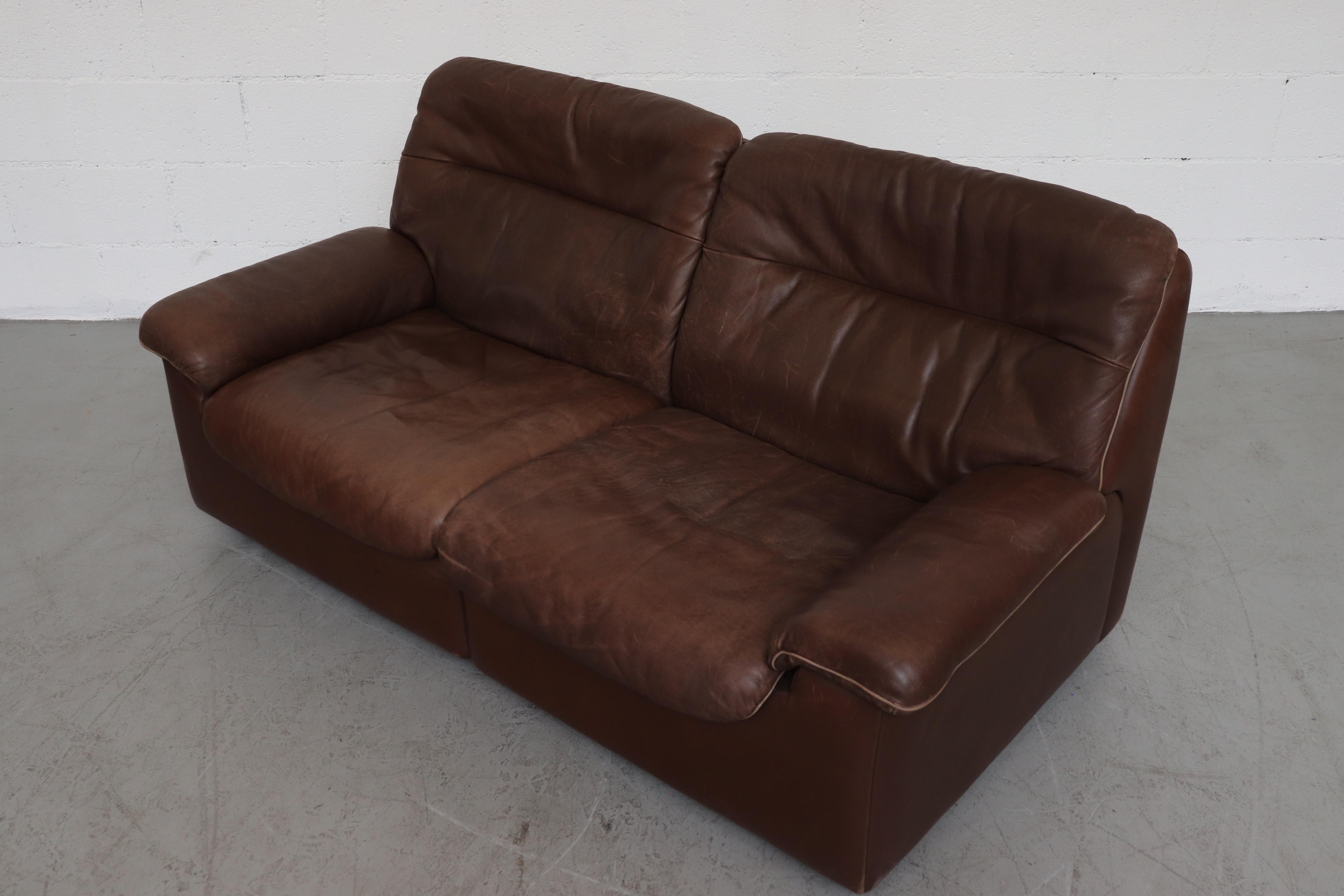 Mid-20th Century De Sede DS 66 Brown Leather Love Seat Sofa