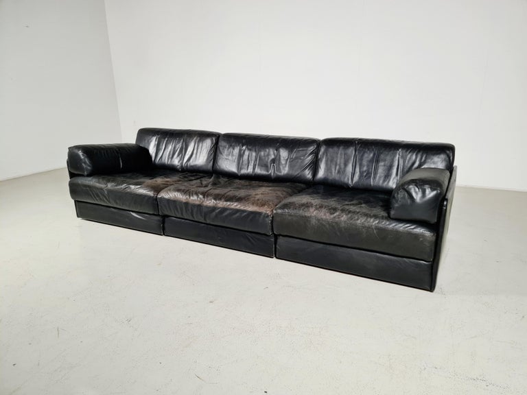 Leather De Sede DS-76 3-Seater Sectional Sofa with Ottoman, 1970s For Sale