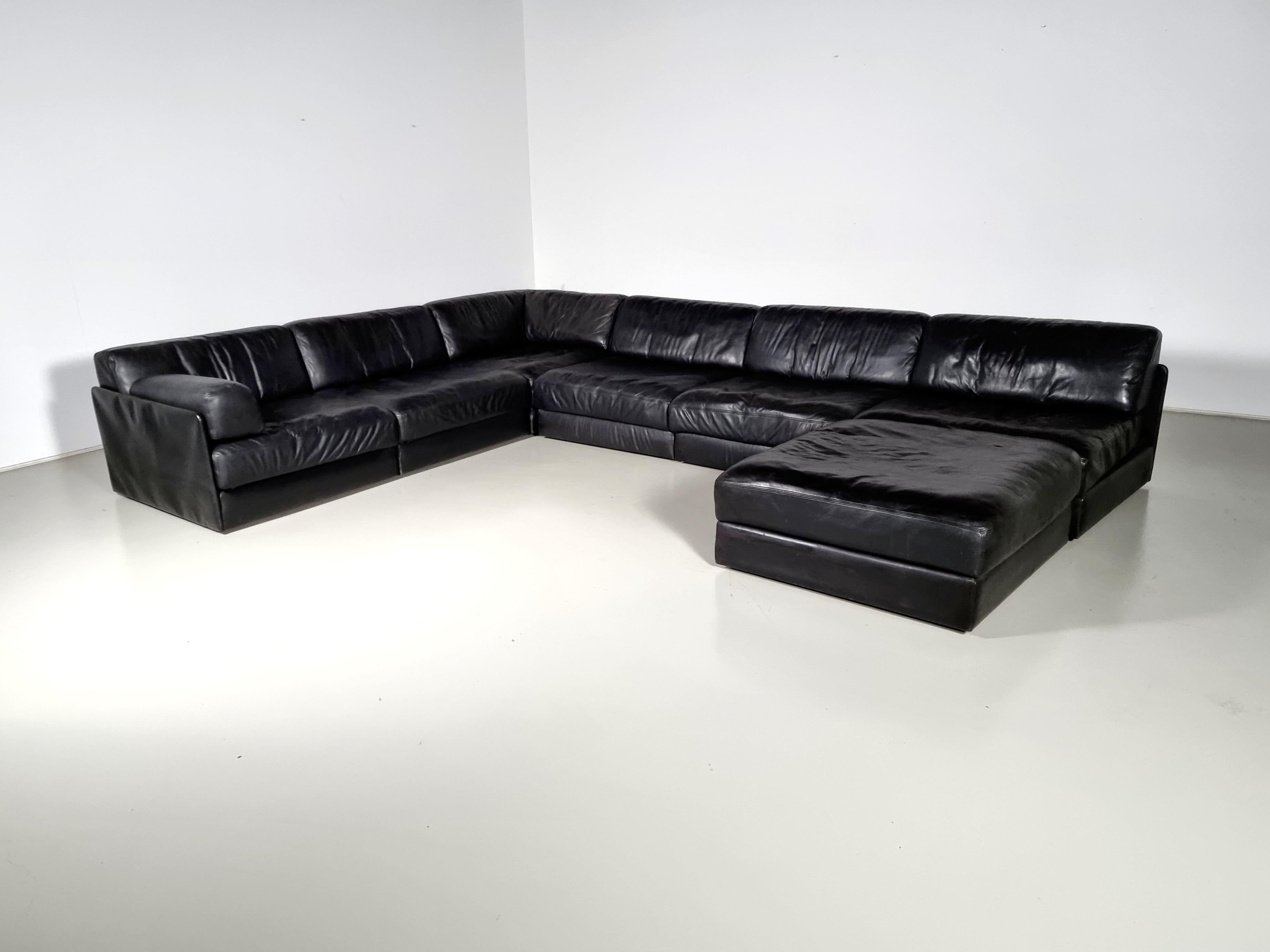Leather De Sede DS-76 6-Seater Sectional Sofa with Ottoman, 1970s