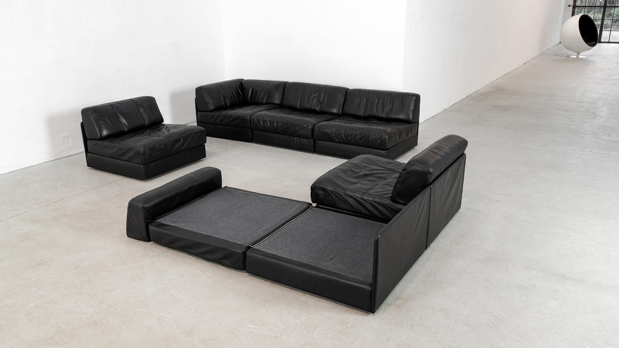 De Sede DS 76 Sofá paisaje y sofá cama de cuero negro 1972 Mid Century Modern 8