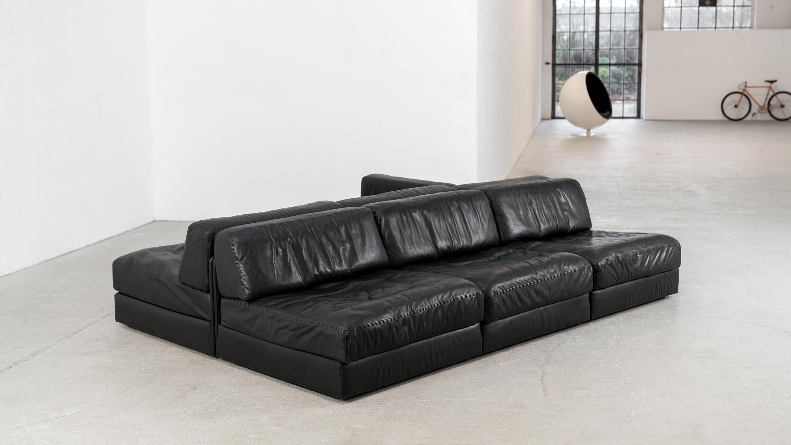De Sede DS 76 Sofá paisaje y sofá cama de cuero negro 1972 Mid Century Modern 10