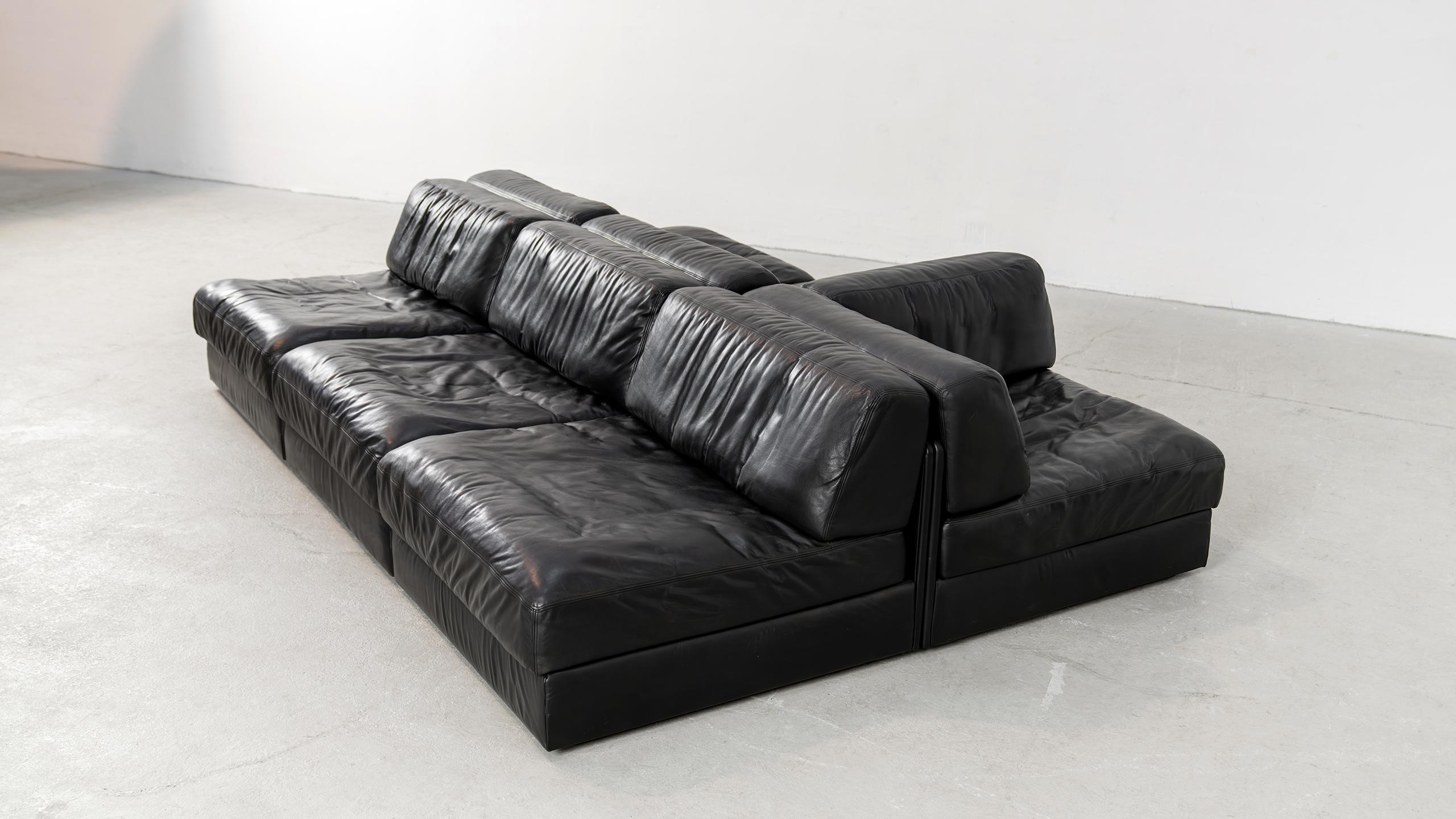 De Sede DS 76 Sofá paisaje y sofá cama de cuero negro 1972 Mid Century Modern 11