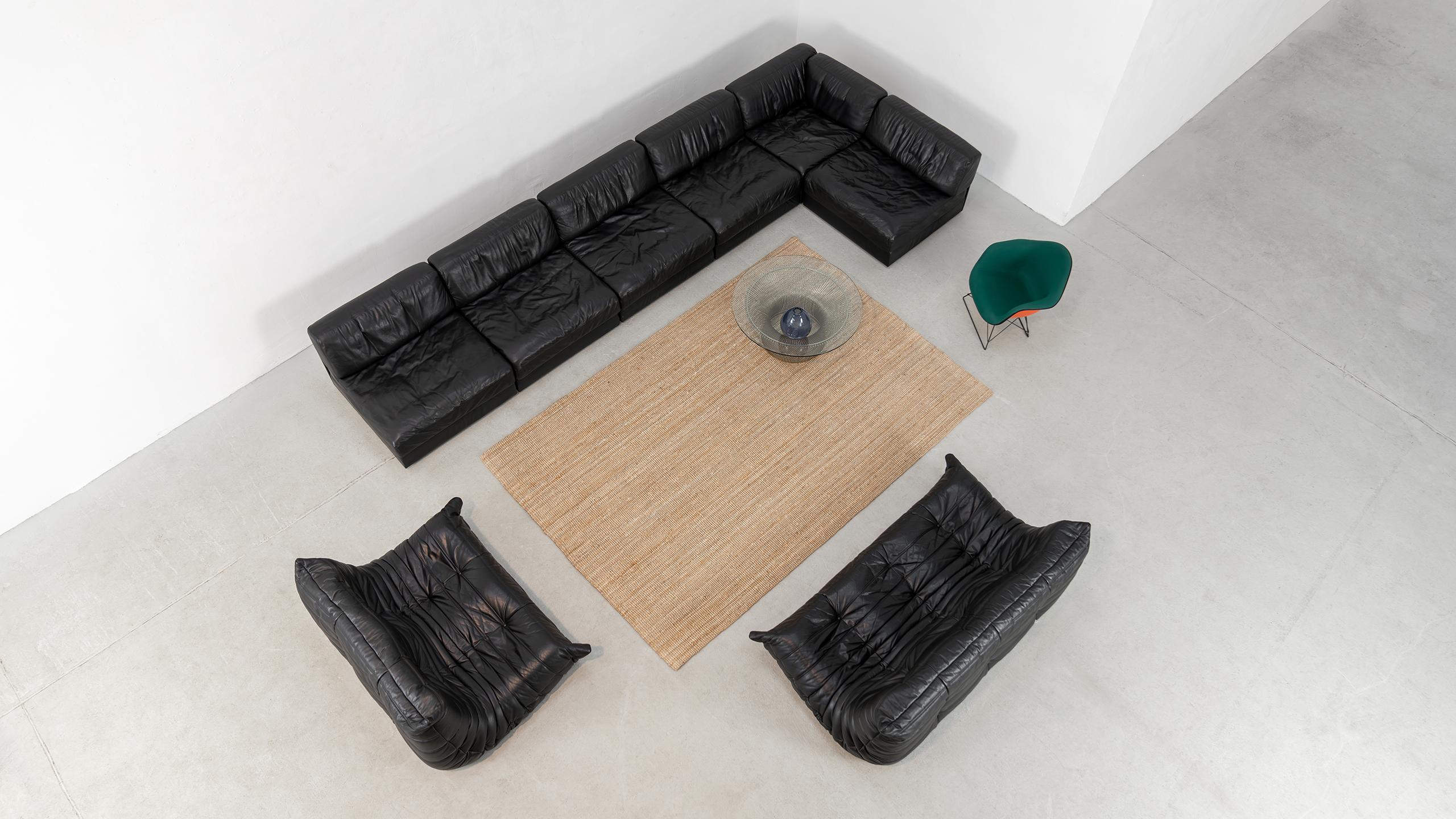 De Sede DS 76 Sofá paisaje y sofá cama de cuero negro 1972 Mid Century Modern Cuero
