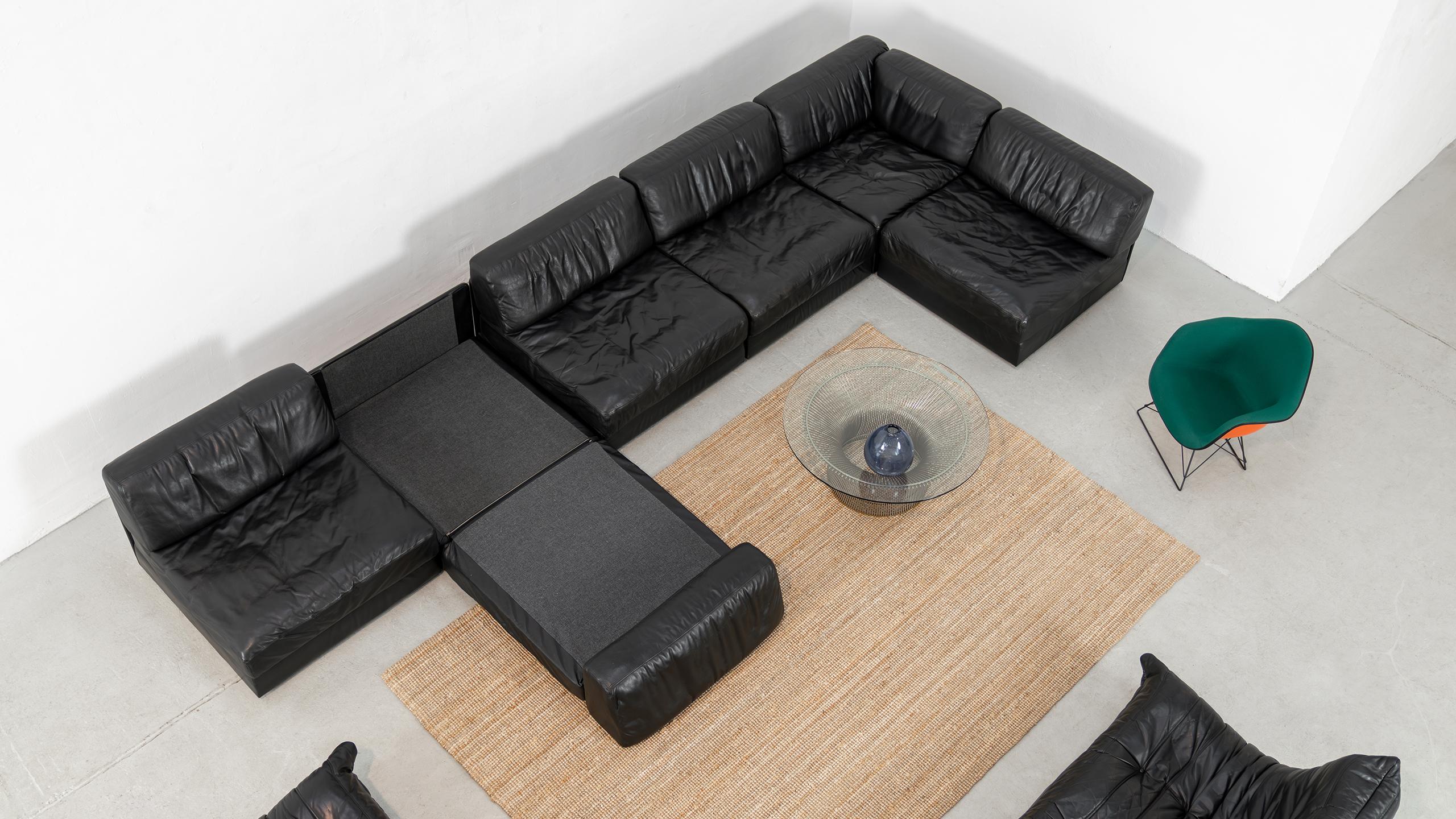 De Sede DS 76 Sofá paisaje y sofá cama de cuero negro 1972 Mid Century Modern 1