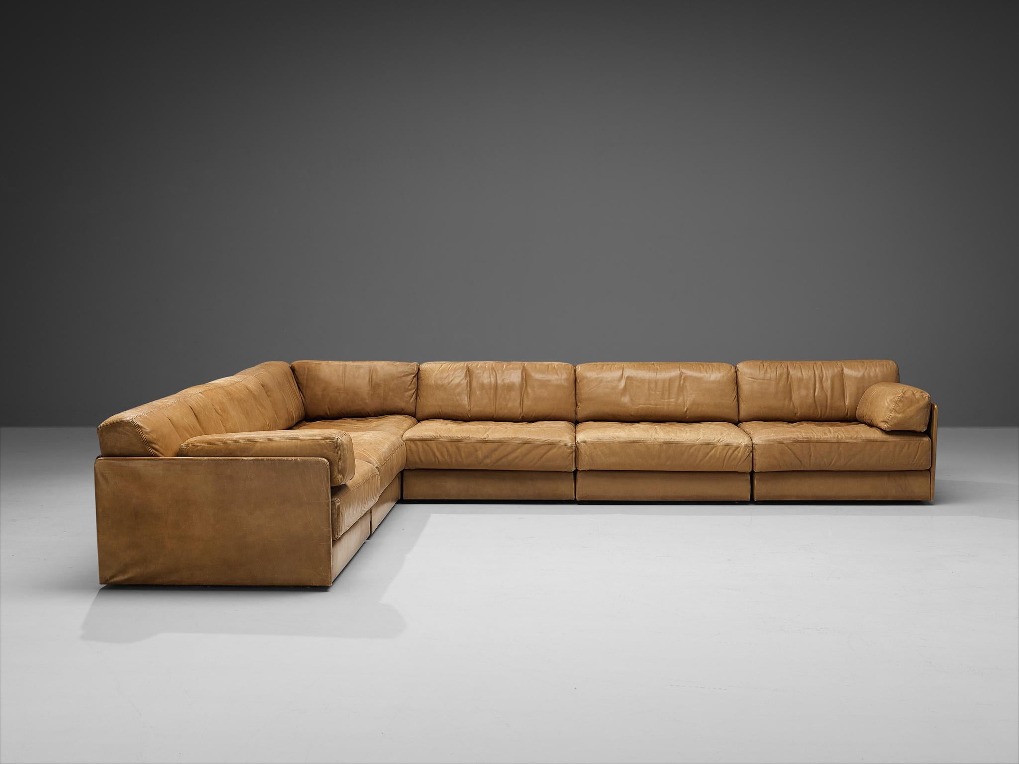 Swiss De Sede ‘DS-76’ Modular Sofa in Cognac Patinated Leather