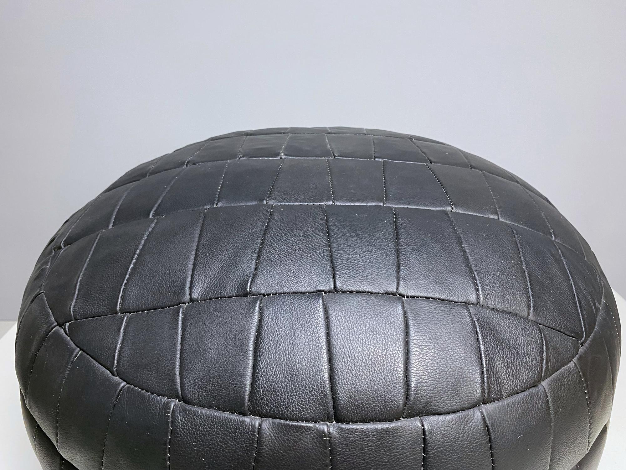 Mid-Century Modern De Sede DS-80 Black Patchwork Leather Pouf, Ottoman, 1970s, Switzerland