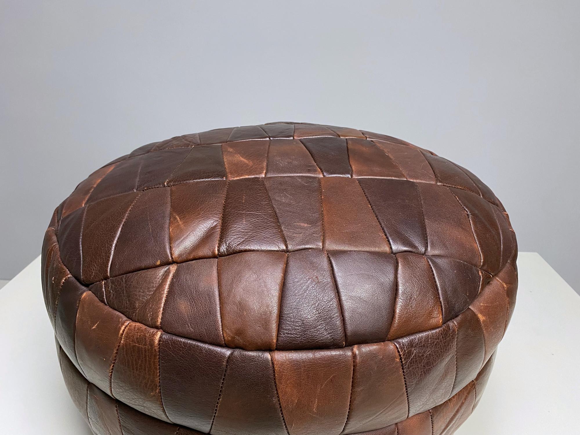 Mid-Century Modern De Sede DS-80 Brown Patchwork Leather Pouf, Ottoman, 1970s, Switzerland