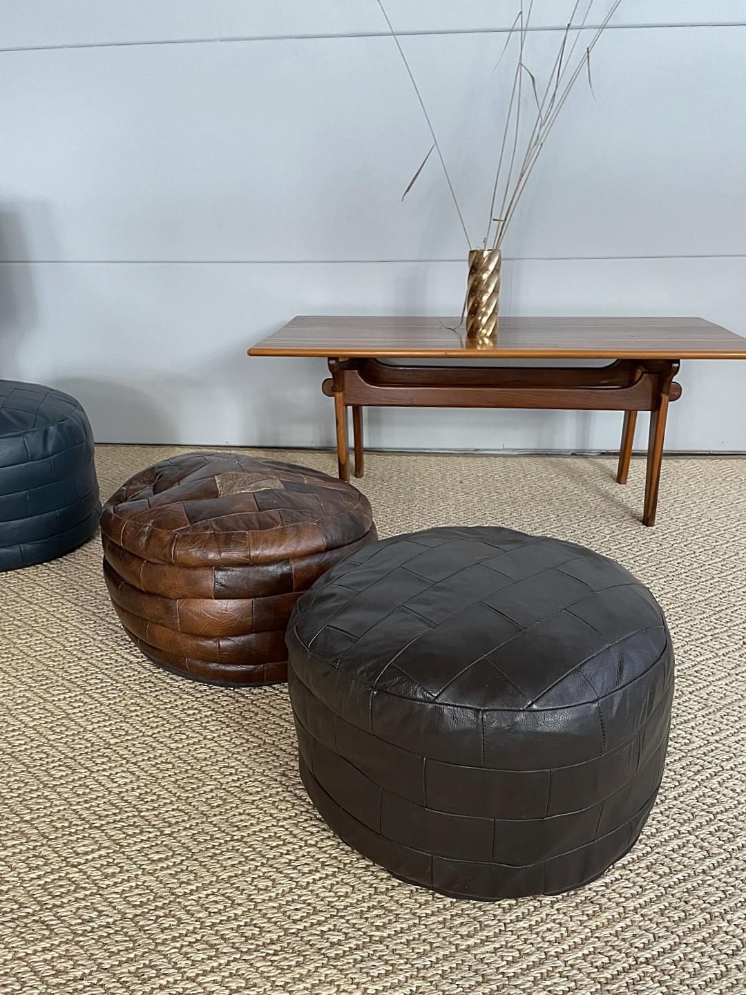 Mid-Century Modern De Sede DS-80 Cocoa Brown Patchwork Leather Pouf, Ottoman, DeSede Switzerland For Sale