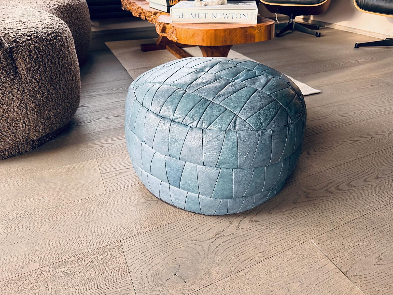 Hand-Crafted De Sede DS-80 Ocean Blue Patchwork Leather Stool, Ottoman, DeSede Switzerland For Sale