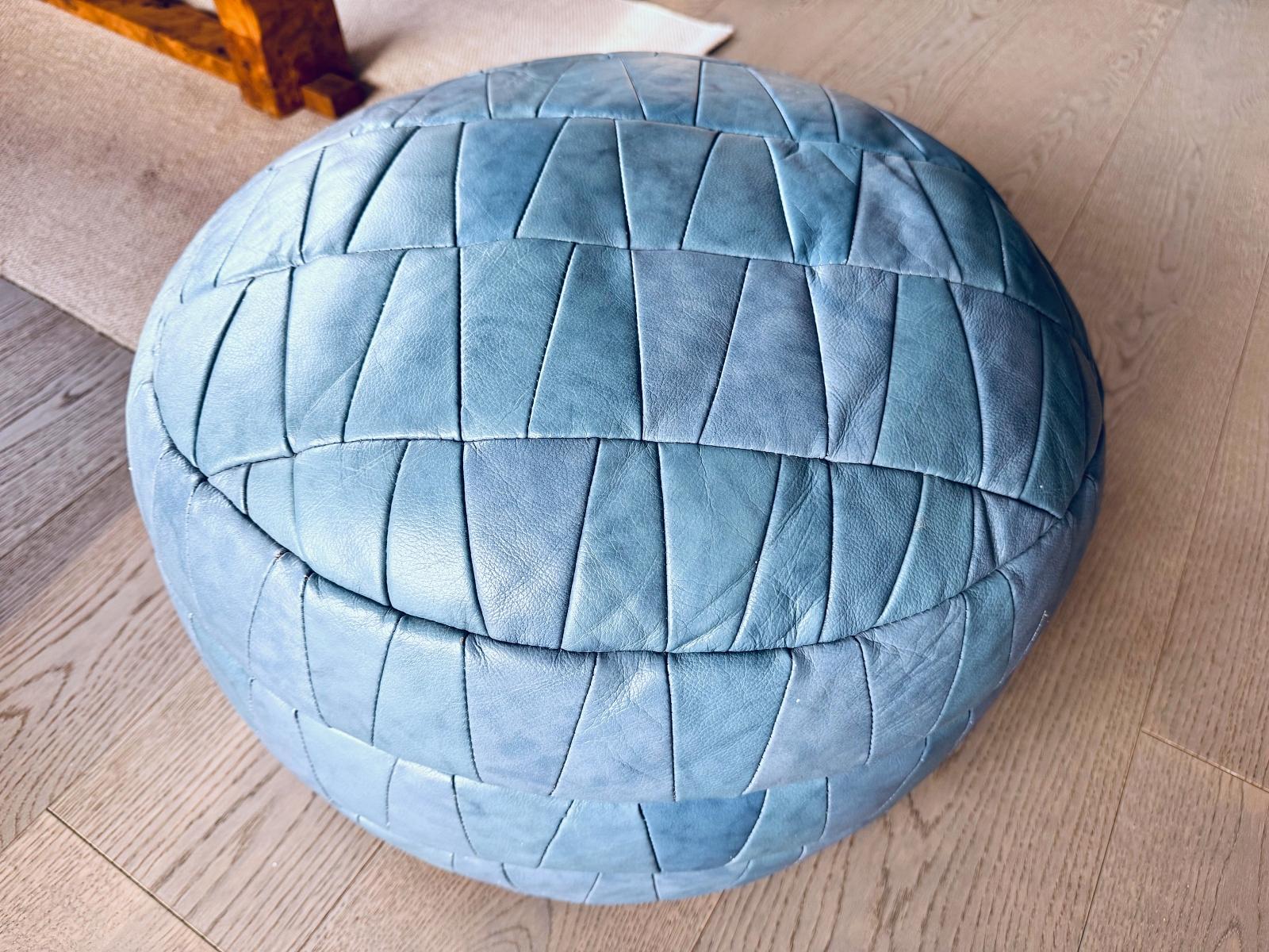 Late 20th Century De Sede DS-80 Ocean Blue Patchwork Leather Stool, Ottoman, DeSede Switzerland For Sale