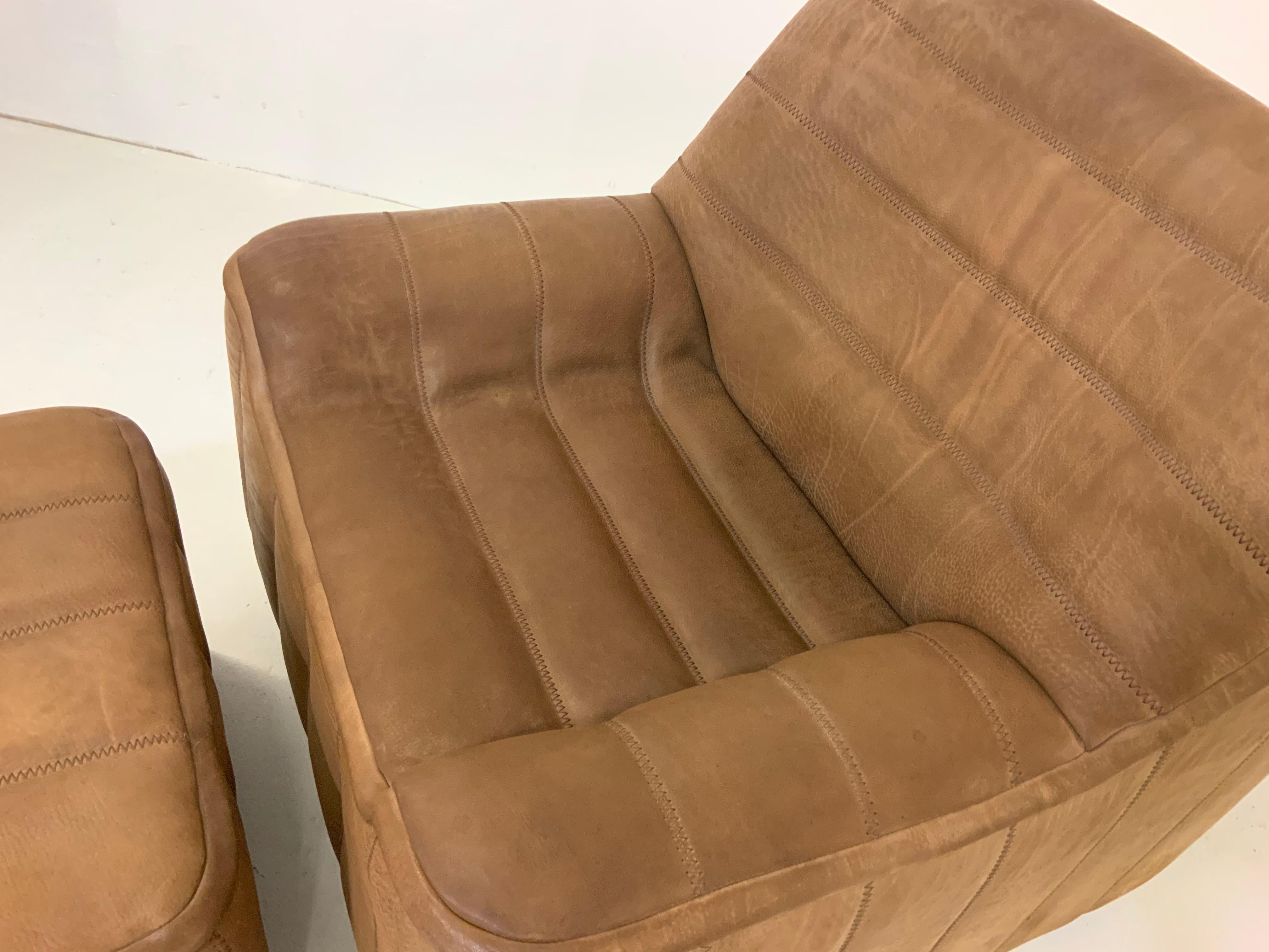 De Sede DS-84 Vintage Thick Buffalo Neck Leather Lounge Armchair & Ottoman 1970s 1
