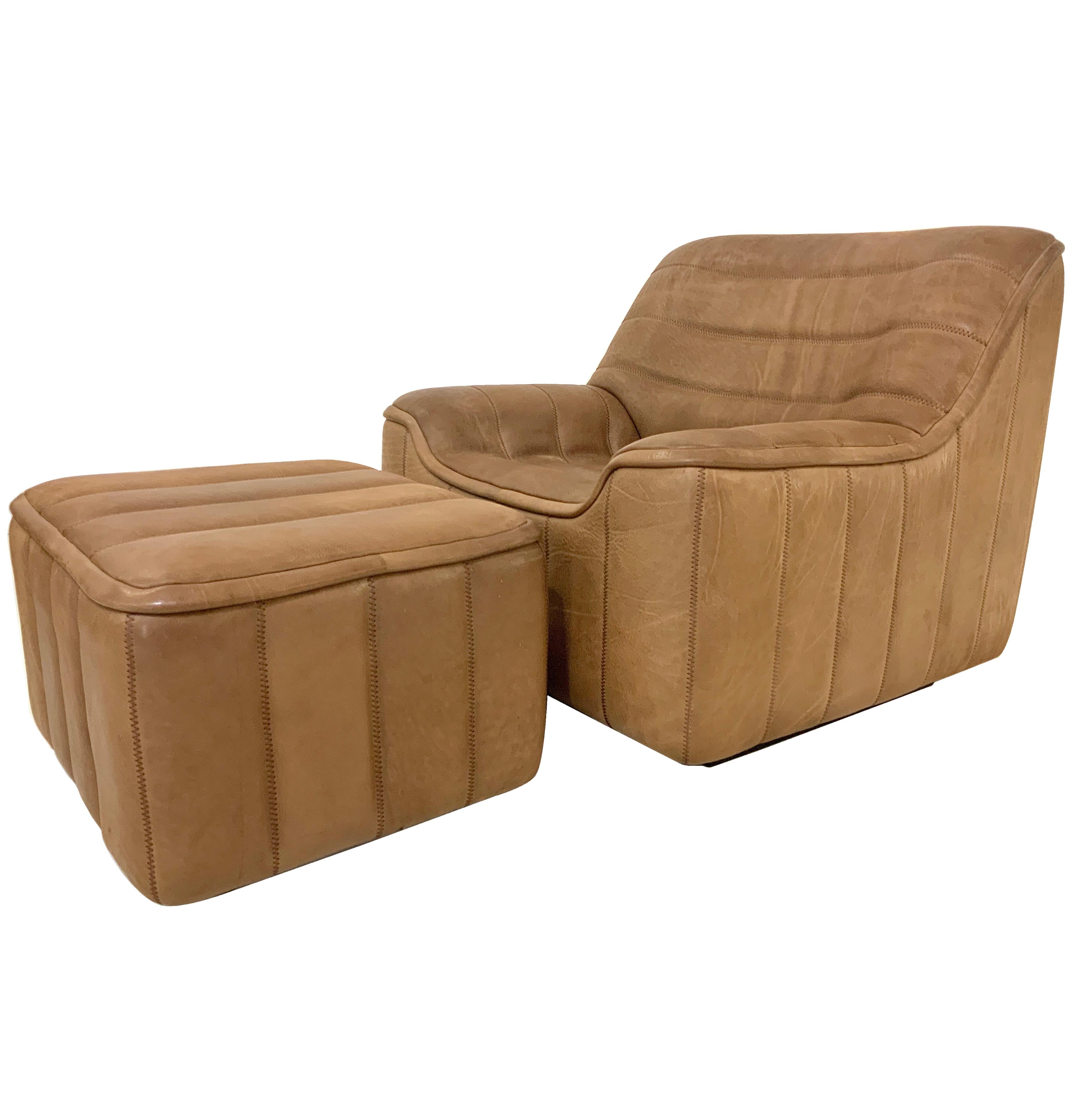 De Sede DS-84 Vintage Thick Buffalo Neck Leather Lounge Armchair & Ottoman 1970s