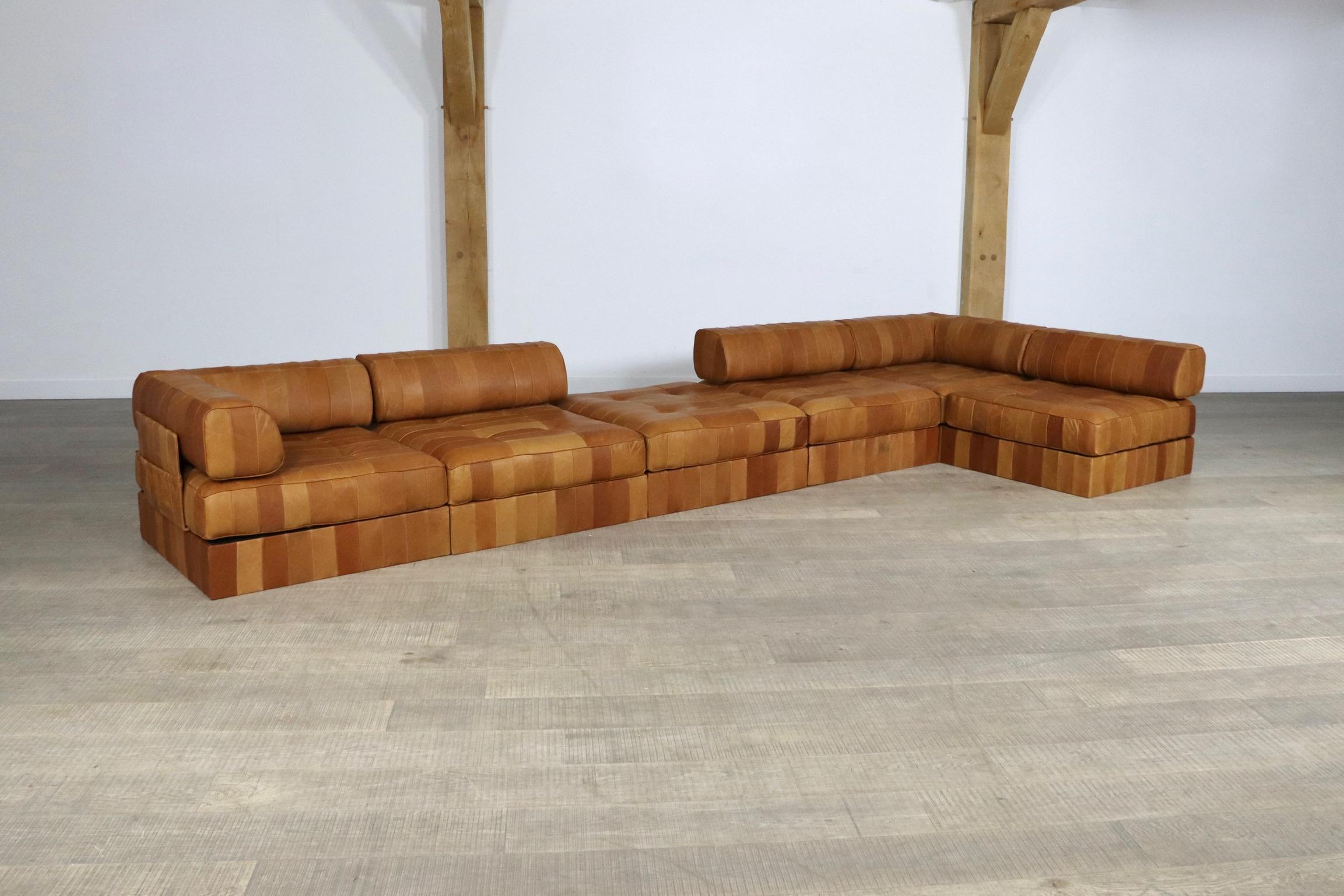 De Sede DS-88 Cognac Patchwork Leather Sofa, Switzerland, 1970s 4