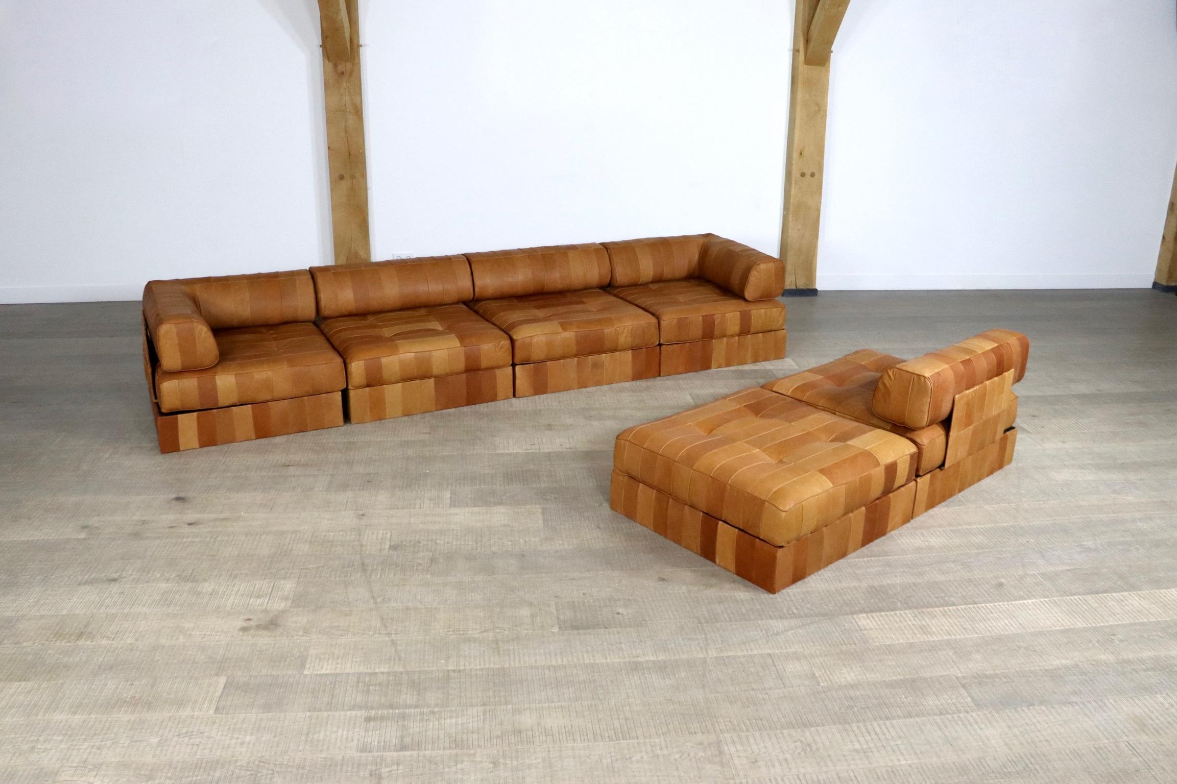 De Sede DS-88 Cognac Patchwork Leather Sofa, Switzerland, 1970s 5